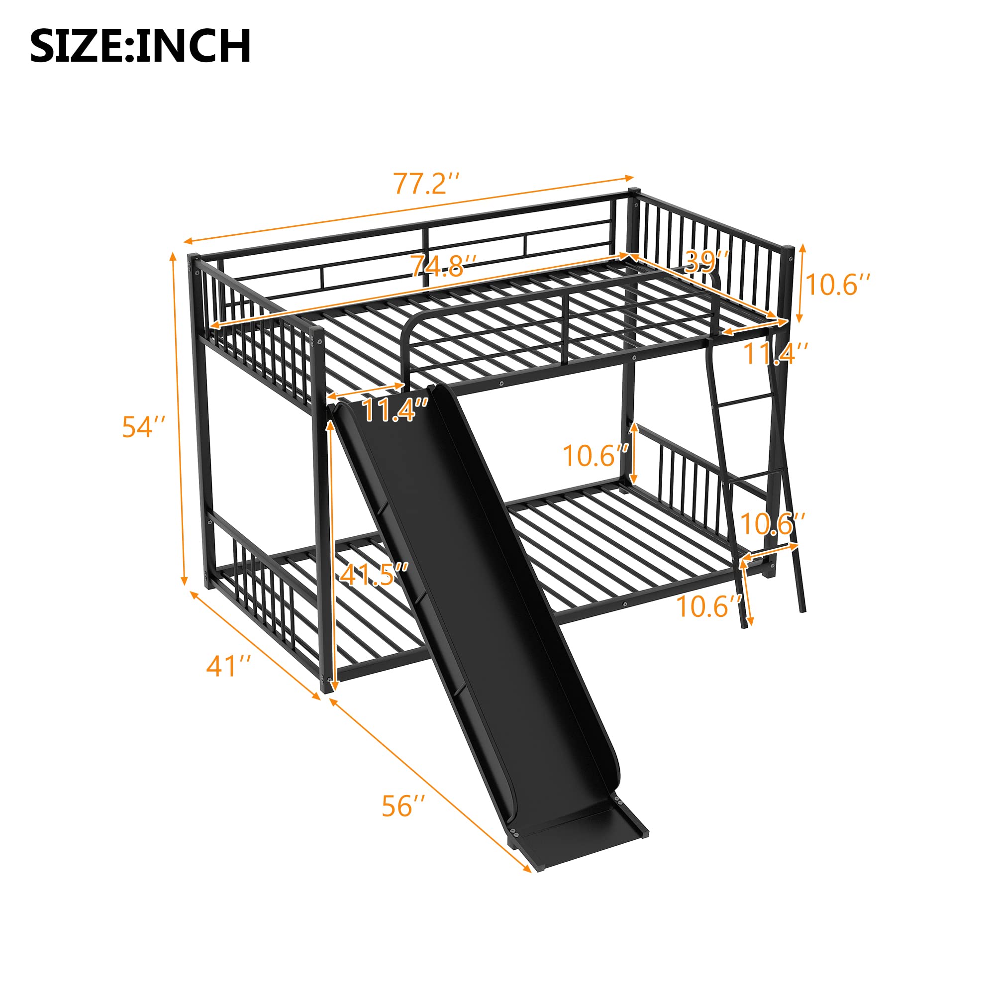 SOFTSEA Black Metal Bunk Bed with Slide - Heavy Duty Low Loft Bed for Kids & Teens - Perfect for Small Bedrooms, Dorms, and Playrooms