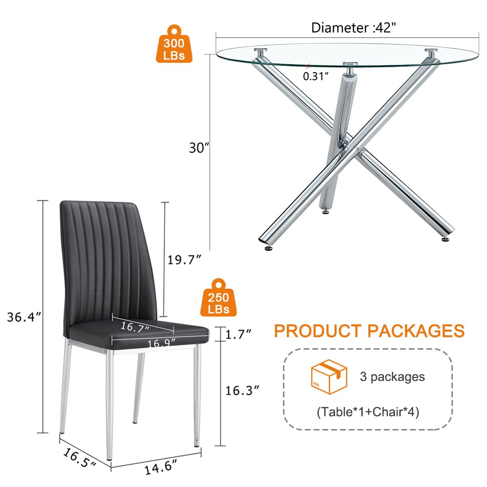 42 Inch Round Tempered Glass Dining Table Set for 4 with PU Leather Chairs - 5 Piece Modern Kitchen Table Set for Small Spaces | Perfect for Breakfast Nooks, Compact Dining Rooms & Cozy Apartments