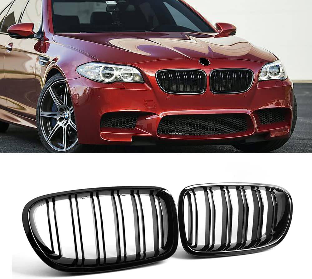 2011-2016 BMW 5 Series F10 Double Slat Glossy Black Kidney Grille Pair - Front Bumper Replacement Upgrade for Enhanced Style & Performance