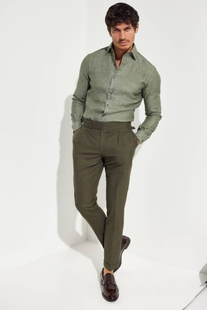 Men's Army Green Linen Shirt - Comfortable & Breathable Cooper Casual Shirt for Outdoor Activities, Travel & Summer Wear
