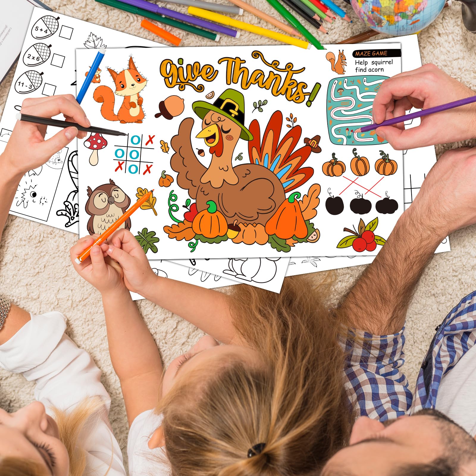 24 Pack Thanksgiving Coloring Paper Placemats - Turkey Themed DIY Craft Place Mats for Kids & Adults - Perfect for Holiday Dinners, Classroom Activities & Family Gatherings