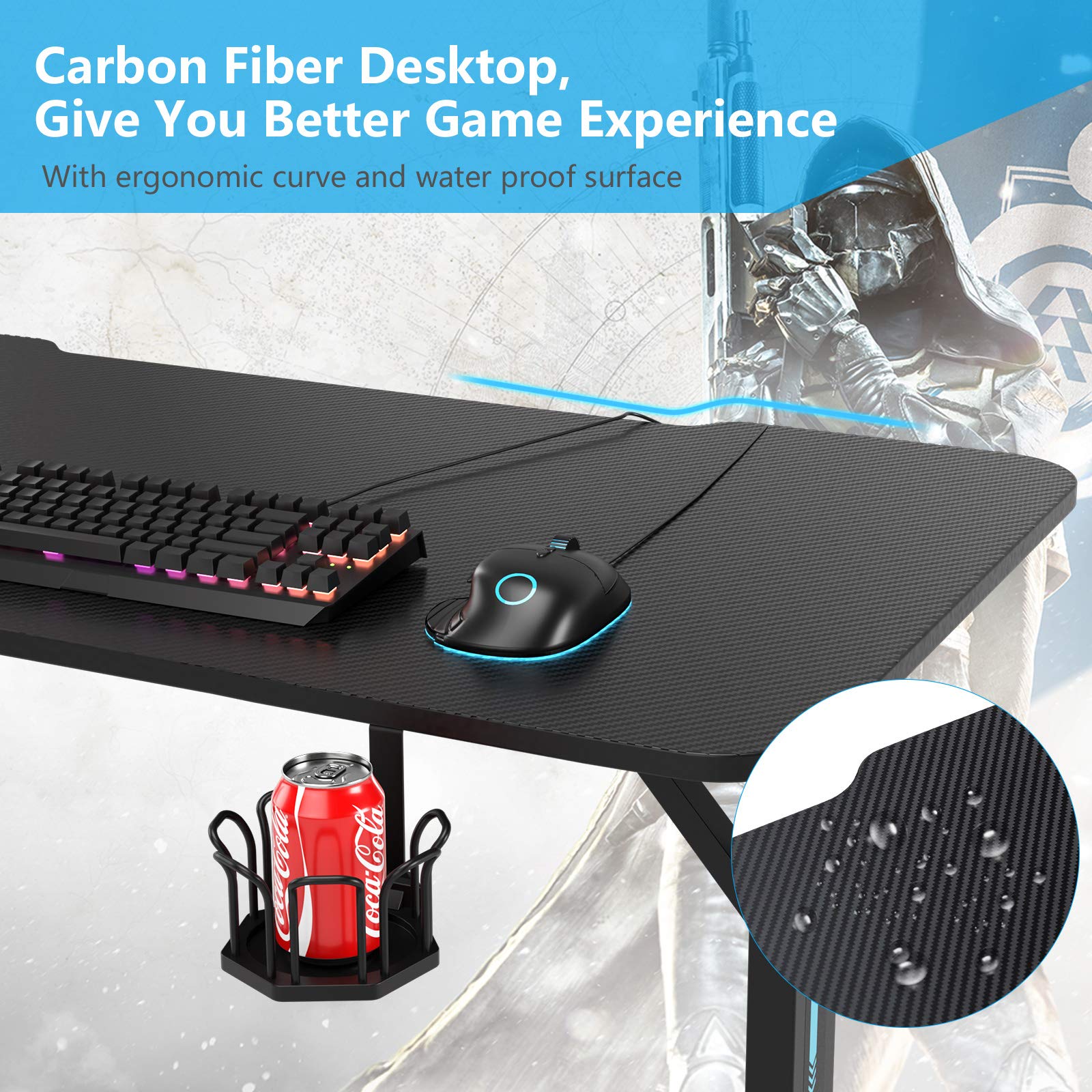 Tangkula Gaming Desk - T-Shaped Computer Desk with Controller Stand, Cup Holder & LED Lights | Ergonomic Carbon Fiber Surface for PC Gaming & Home Office Workstation (Black) | Perfect for Esports, Streaming & Remote Work Setup