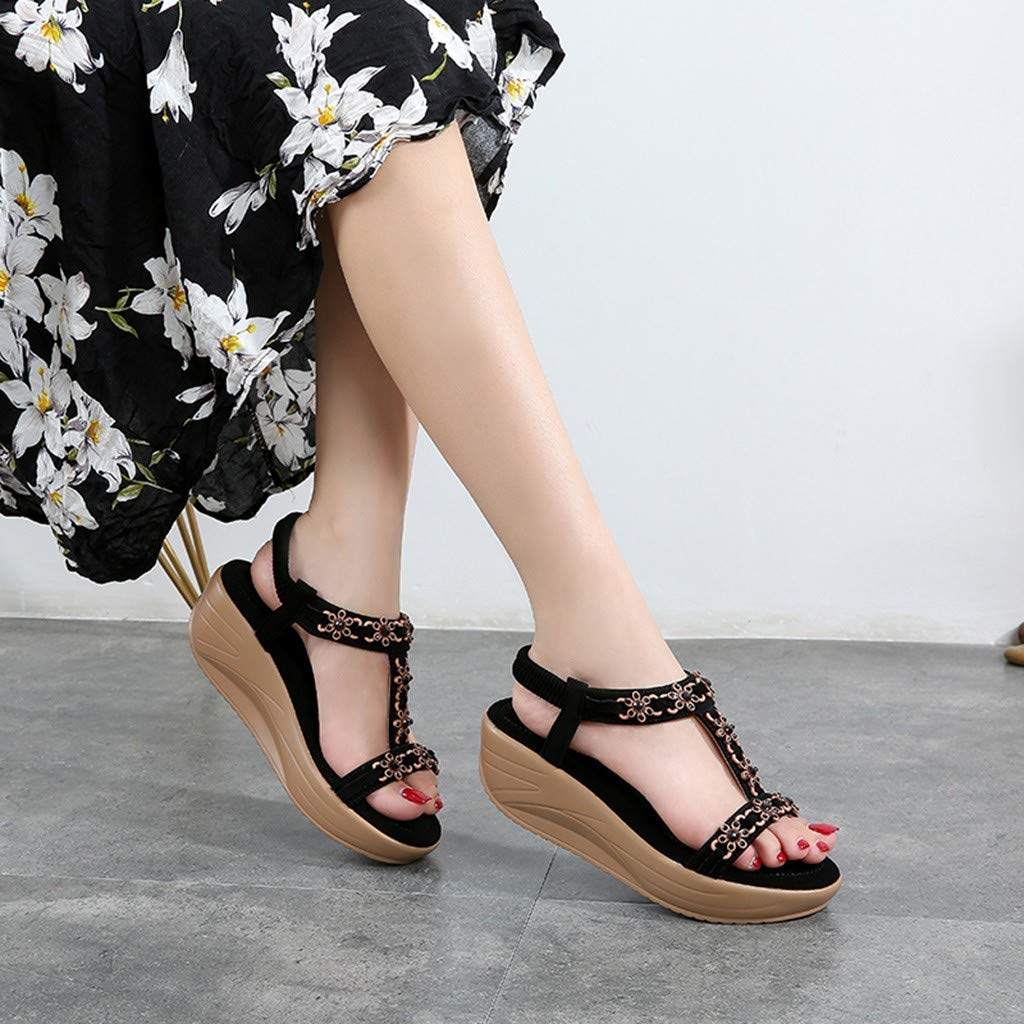 Women's Wedge Sandals - Platform Straw Beach Sandals with Floral Boho Rhinestone Design for Plus Size | Perfect for Summer Vacations, Beach Parties & Boho Fashion Outfits