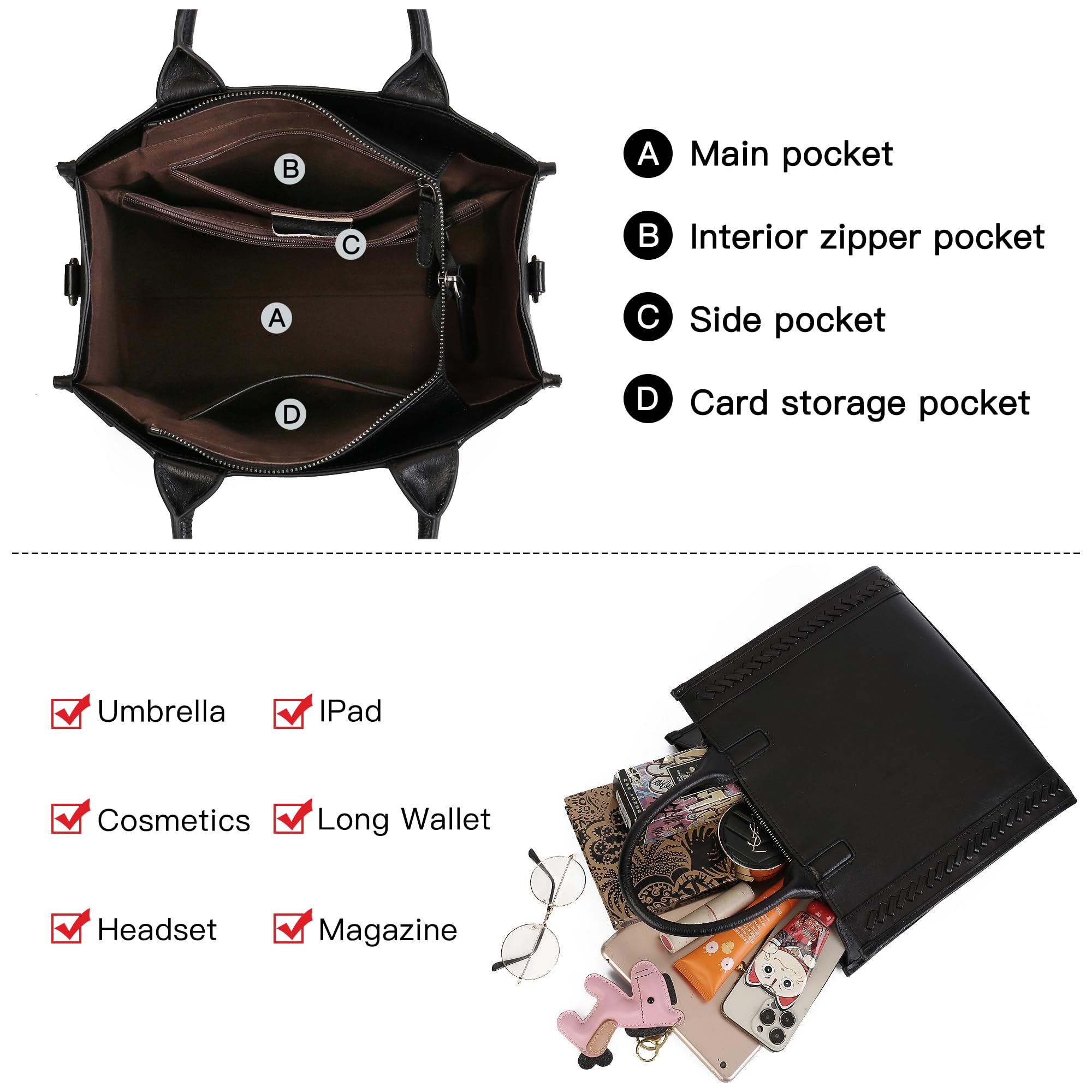 Genuine Leather Handbag for Women - Tote & Crossbody Purse for Work & Travel
