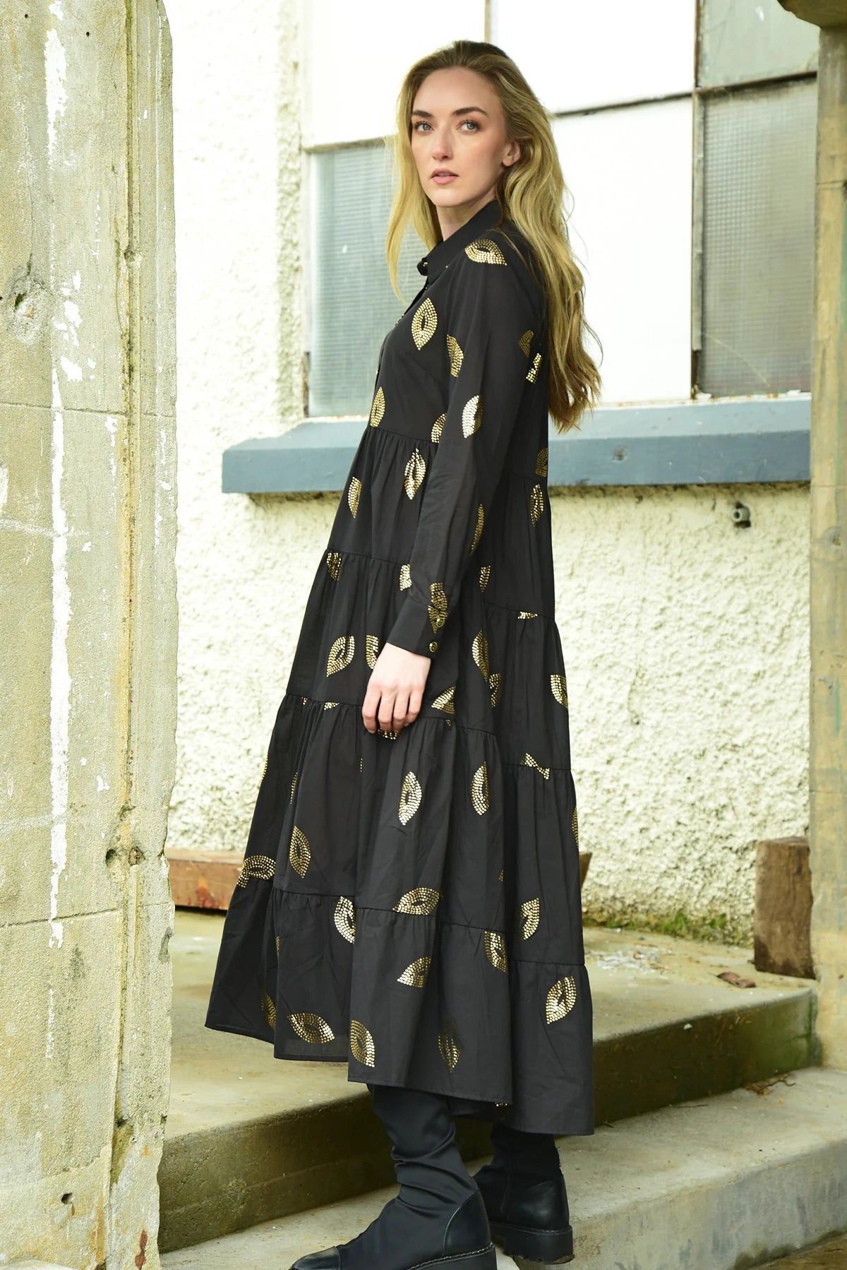 Sun & The Swoon Black Gold Detail Maxi Dress for Women - Elegant Floral Print Long Dress for Summer, Beach, Party & Special Occasions