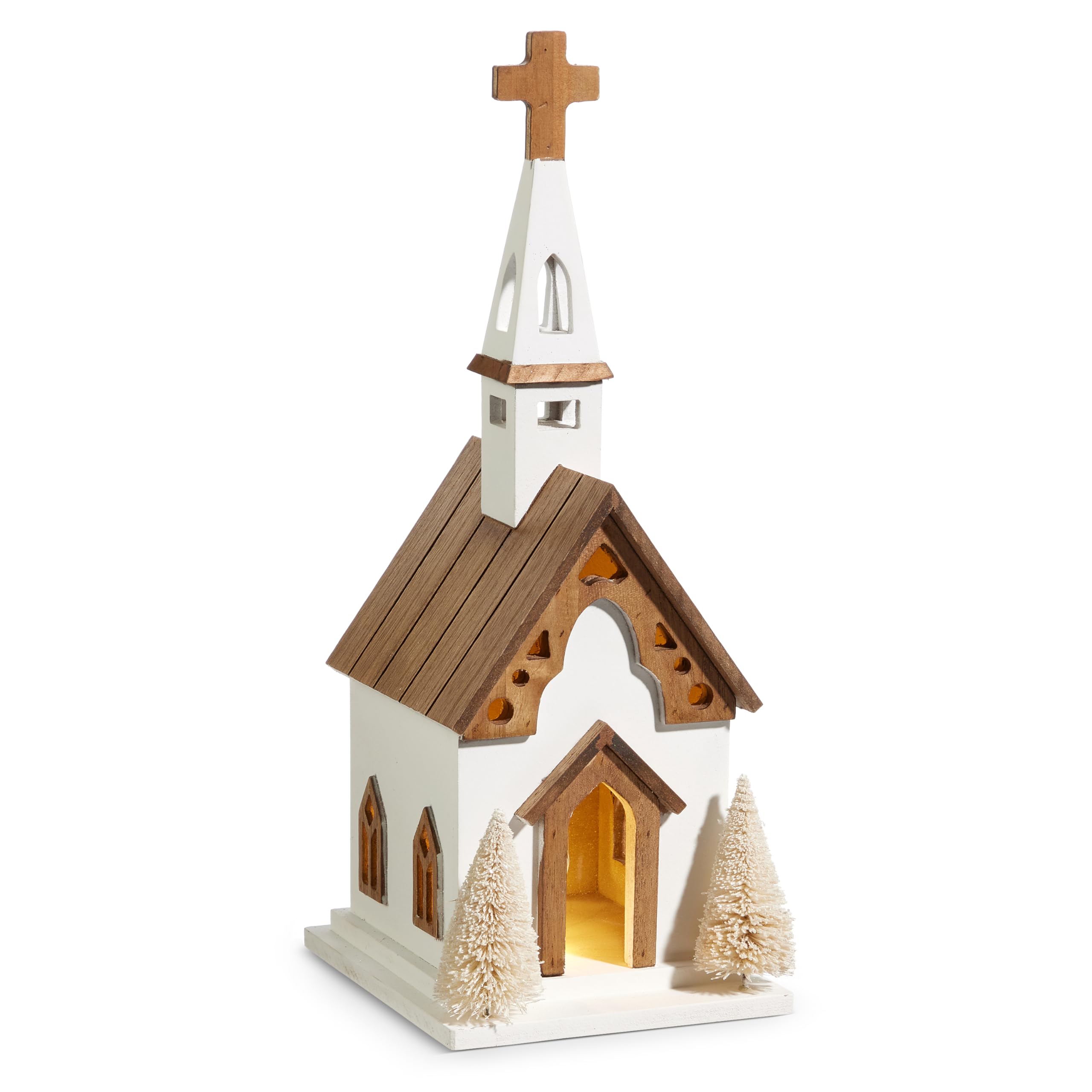 16.5-Inch LED Lighted Brown & White Wooden Christmas Village Church Decor - Rustic Holiday House Decoration with Timer for Home, Tabletop, Mantel & Christmas Village Displays