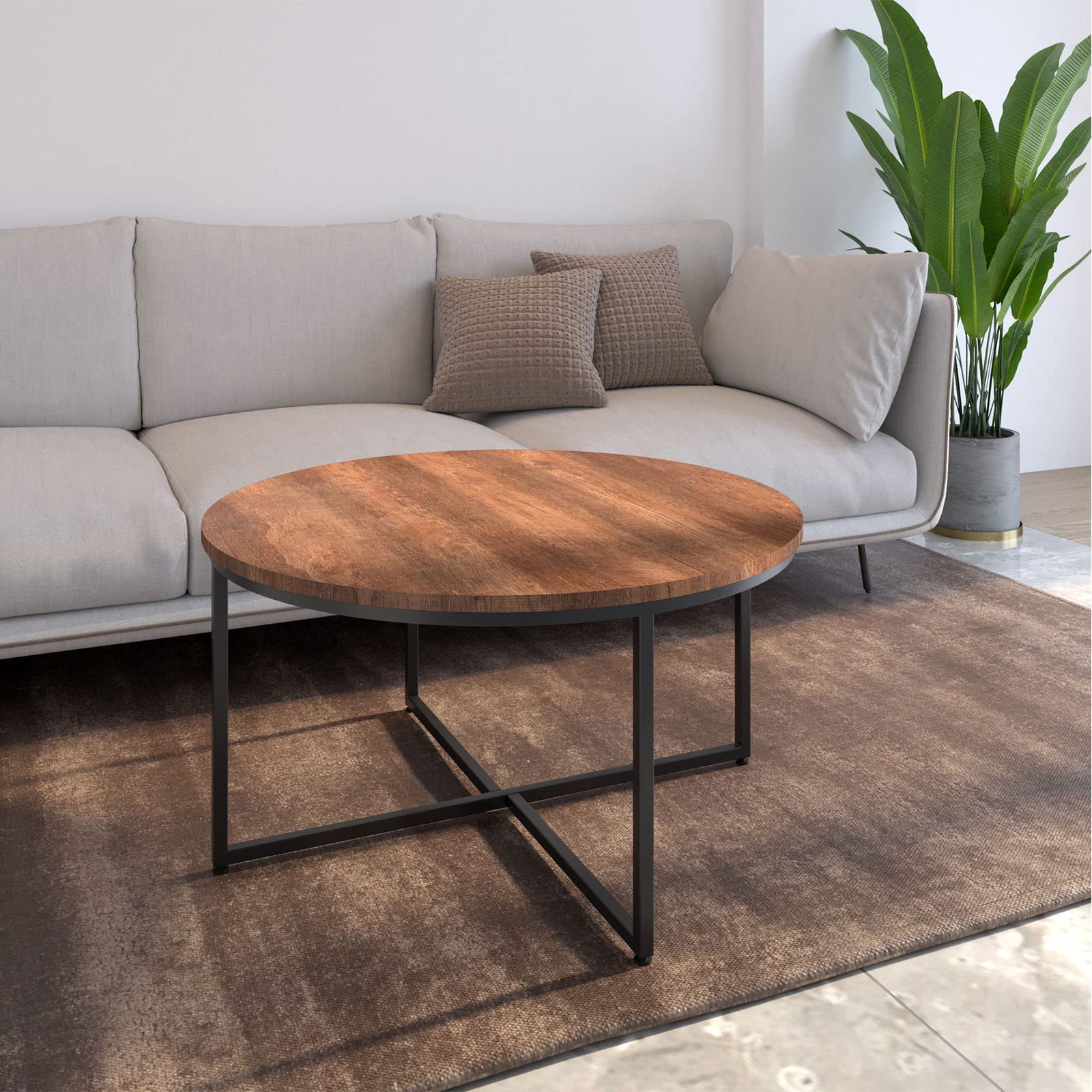 Modern Round Coffee Table - Rustic Brown Kitchen Dining Table, Pedestal Desk for Office, Conference, Study & Leisure | Perfect for Living Room, Home Office & Small Spaces