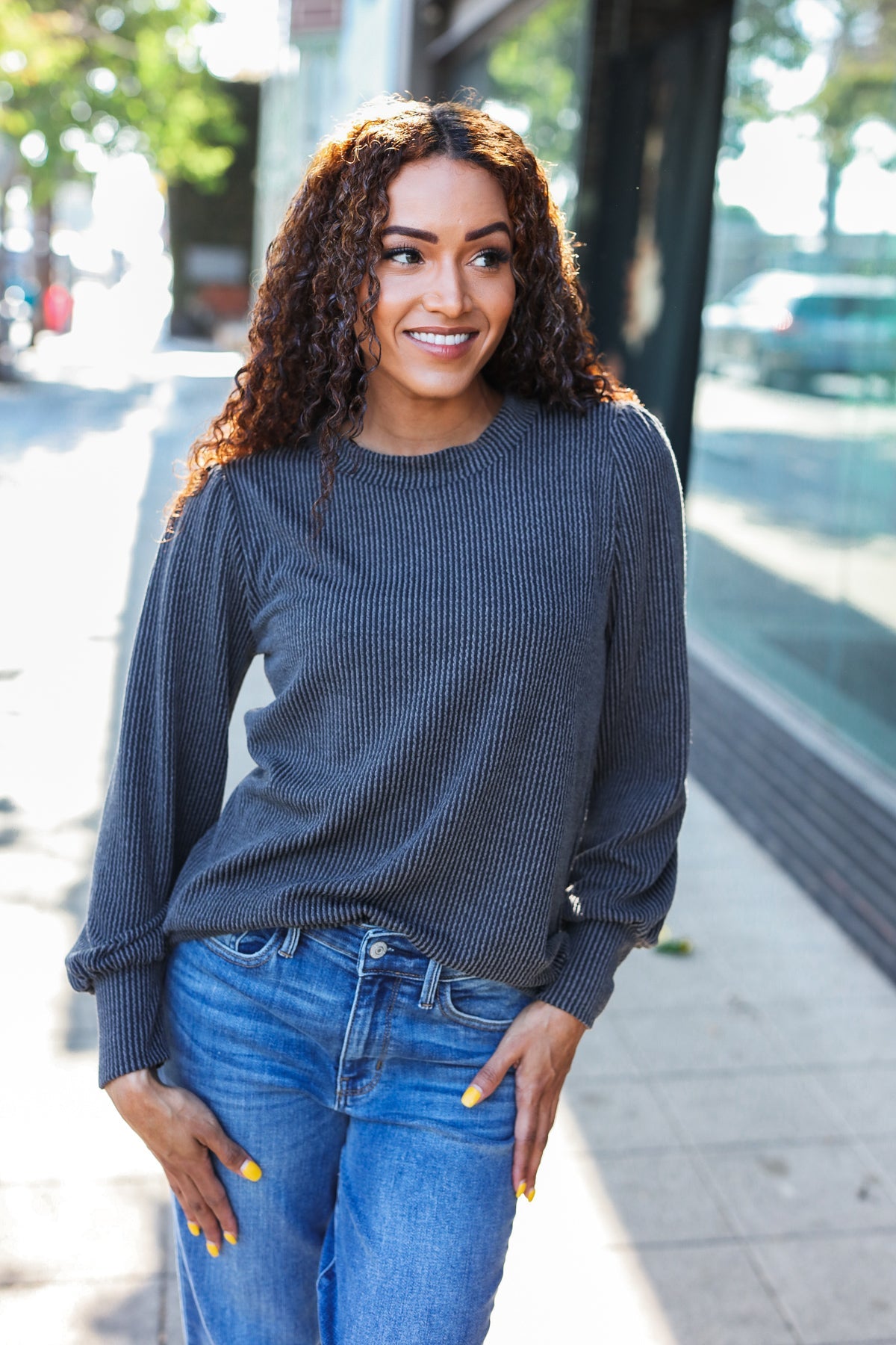 Everyday Charcoal Rib Mineral Wash Long Sleeve Top for Women | Soft Comfortable Casual Shirt | Perfect for Work, Weekend & Layering