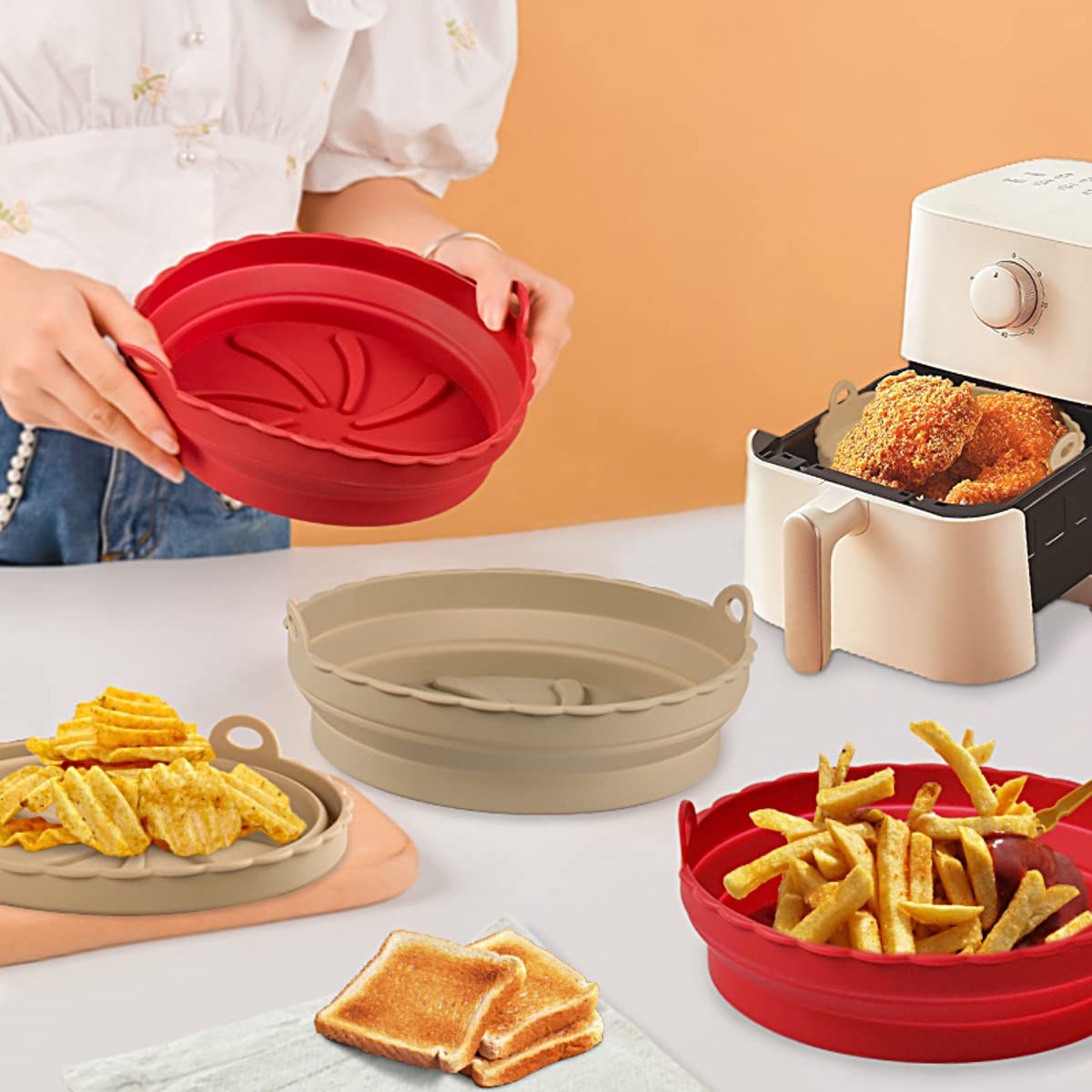 2-Pack Reusable Silicone Air Fryer Liners - 7.87 Inch Round Non-Stick Basket for Cooking, Baking & Frying | Foldable Microwave & Oven Safe Accessories | Perfect for Chicken Wings, French Fries & Healthy Meals