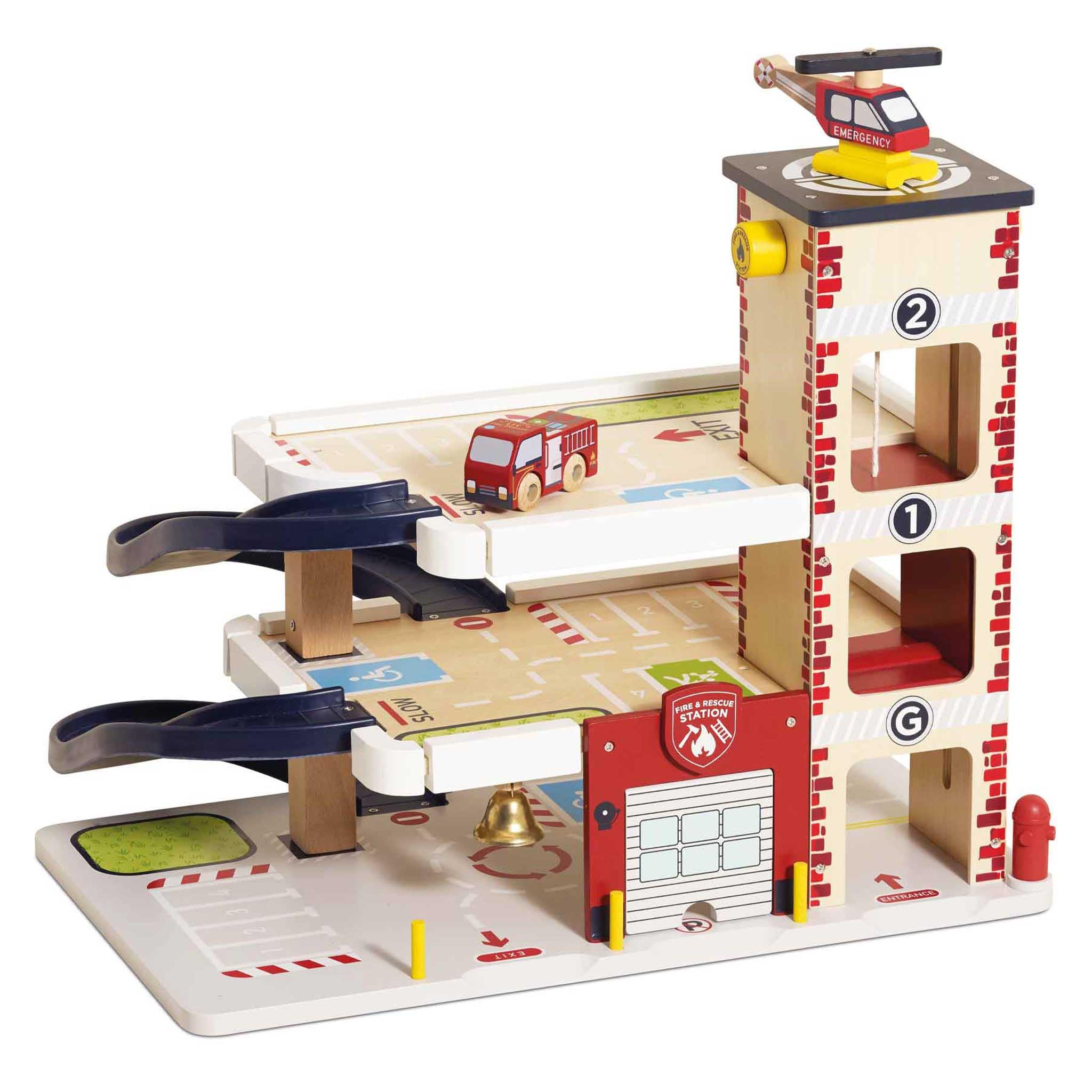 Le Toy Van Wooden 3-Story Fire & Rescue Garage Toy Car Play Set with Vehicles - Pretend Play Toy for Kids Ages 3+ (TV453) - Perfect for Imaginative Play, Firefighter Role-Playing & Early Childhood Development