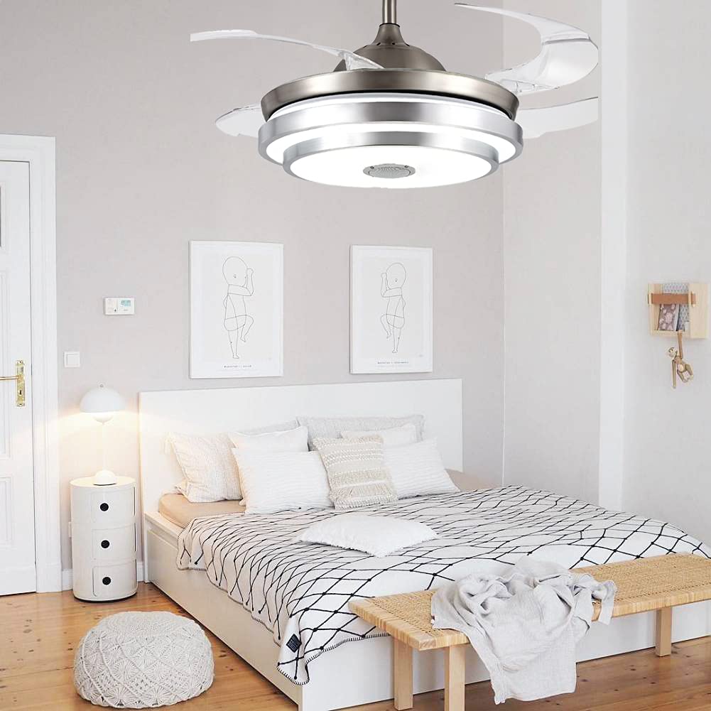 42 Inch Retractable Ceiling Fan with LED Light - 3 Color Changing, Bluetooth Music Player, 3-Speed Silent Motor - Perfect for Living Room, Dining Room & Bedroom - Modern Chandelier Style for Home Cooling & Ambiance