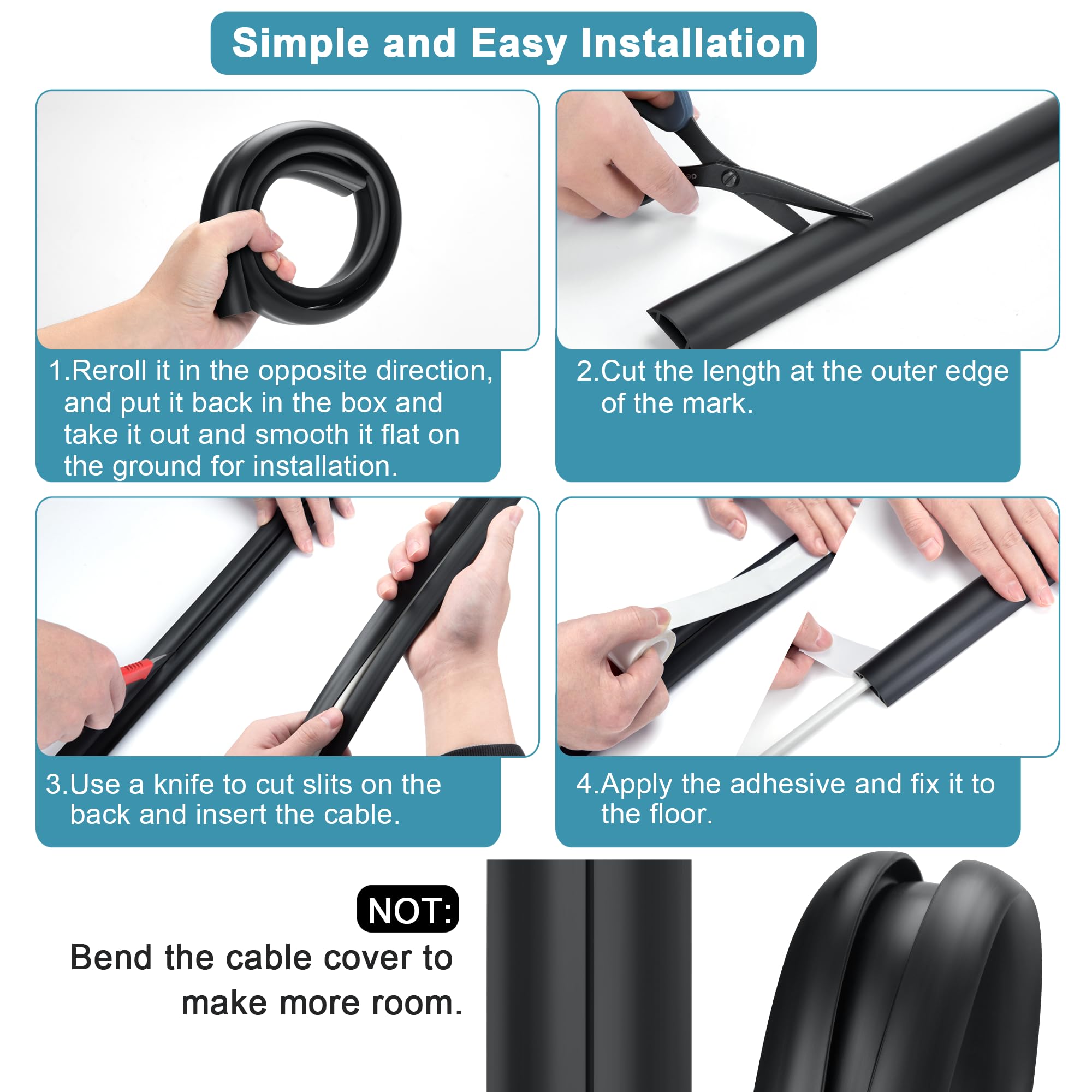 3ft Beige Floor Cable Cover - Low Profile Cord Hider for Wires on Hardwood, Carpet & Office Floors | Safe Cable Management Solution for Home & Workspace