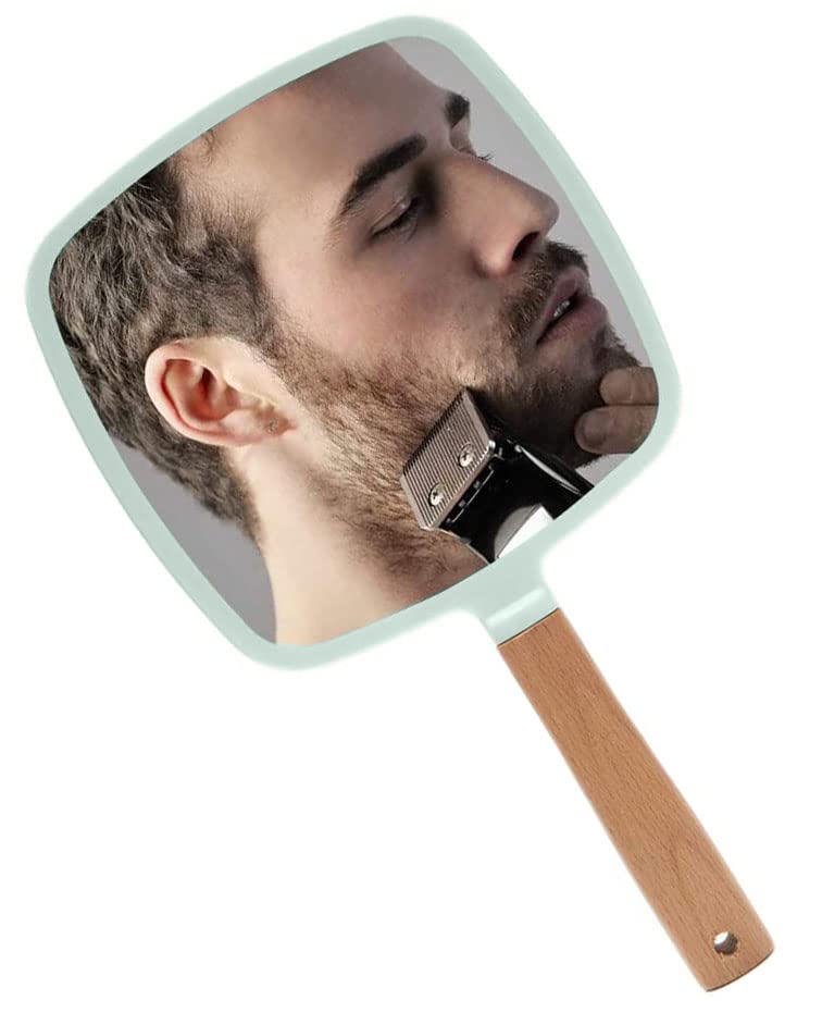 WE-CEF Handheld Wooden Makeup Mirror - Travel Portable for Men & Women - Green Square Design for Home & Travel