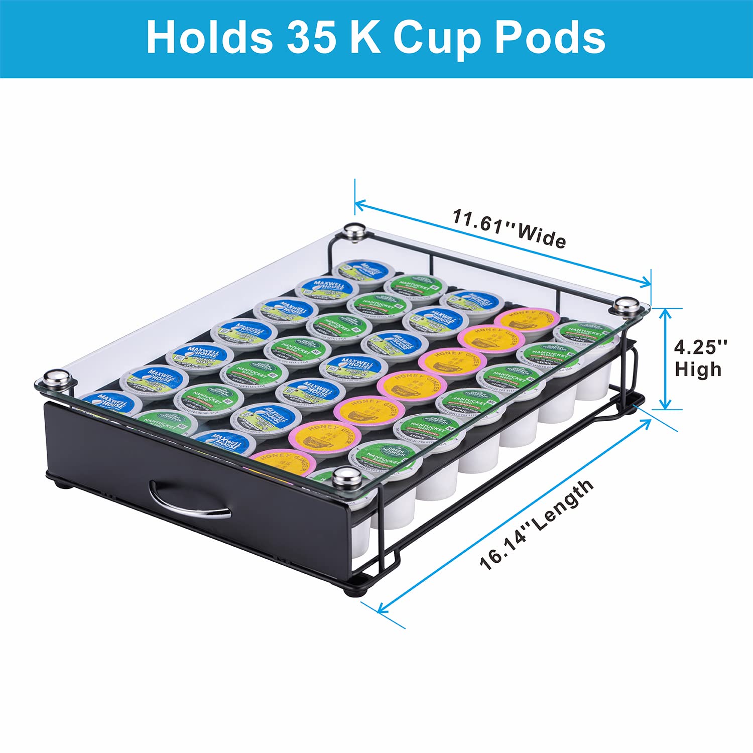ZCDCP K Cup Holder Drawer - 35-Capacity Black Coffee Pod Organizer with Tempered Glass Top | Keurig Compatible K-Cup Storage | Perfect for Kitchen Countertops & Office Coffee Stations