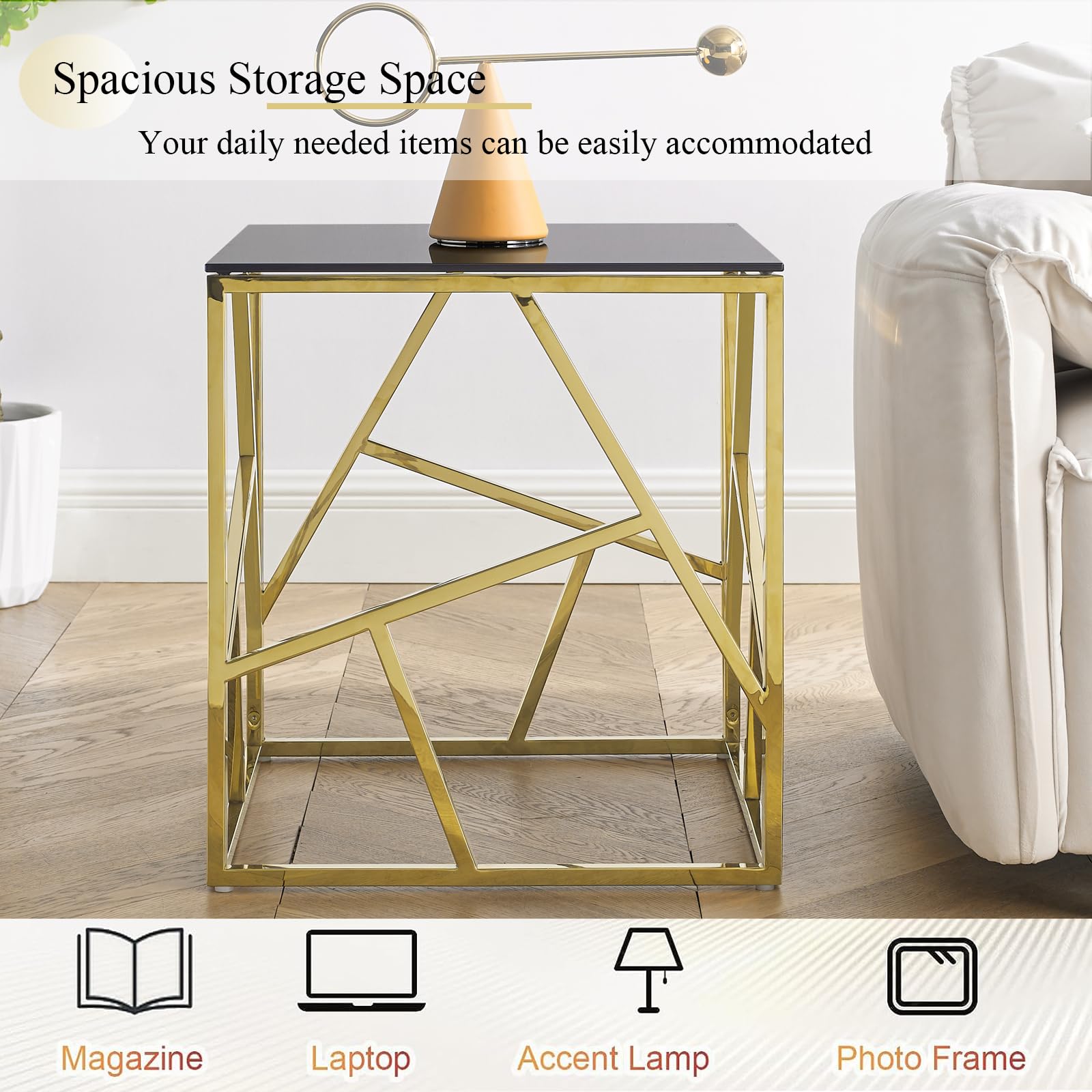 WOKER FURNITURE 20 Inch Modern Black Glass Side Table with Geometric Gold Metal Frame - Square Tempered Glass Top Accent Table for Living Room, Bedroom, Balcony - Perfect as Nightstand, Coffee Table, or Lounge Furniture