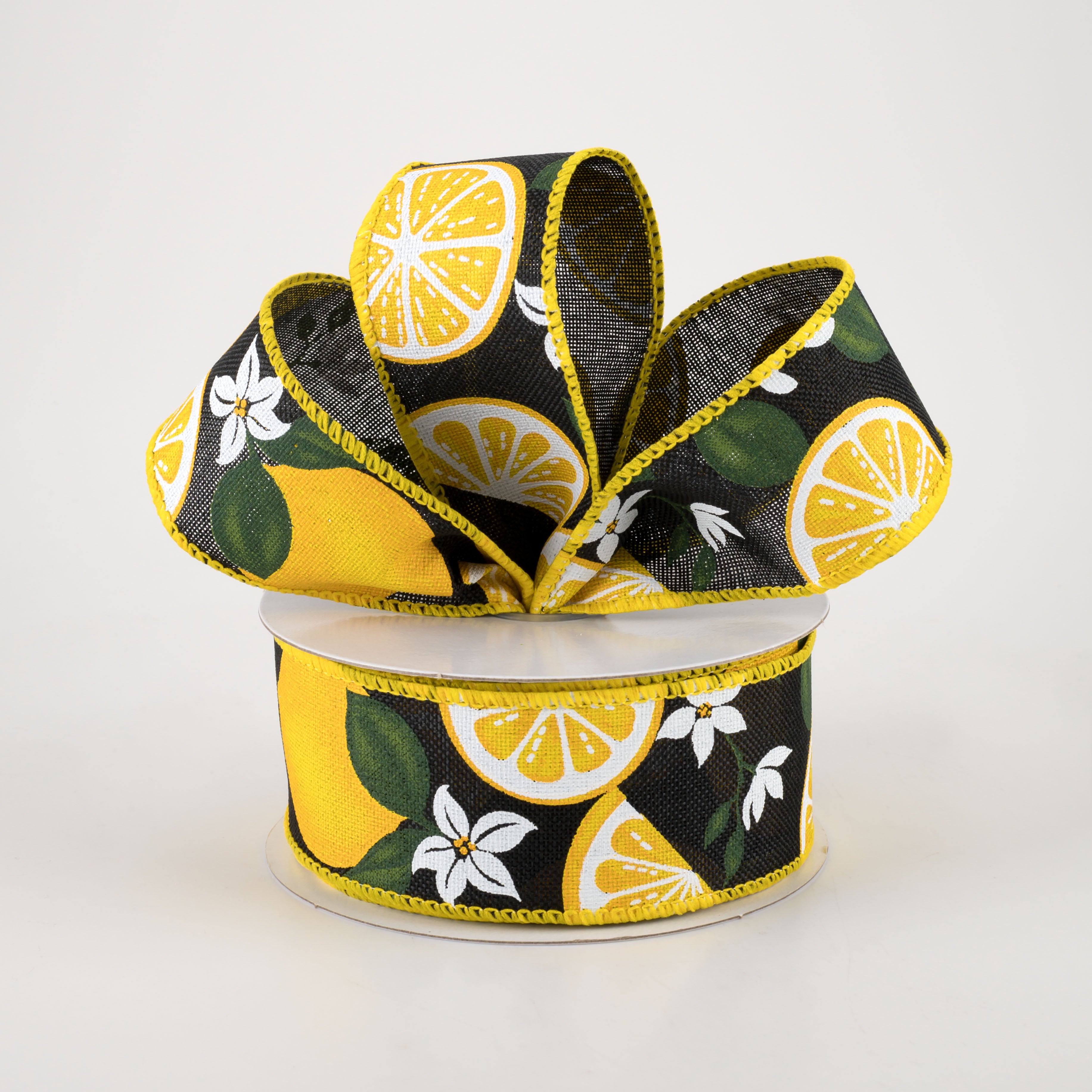 1.5 Inch Linen Lemons & Flowers Ribbon - Black (10 Yards) for Gift Wrapping, DIY Crafts, and Home Decor