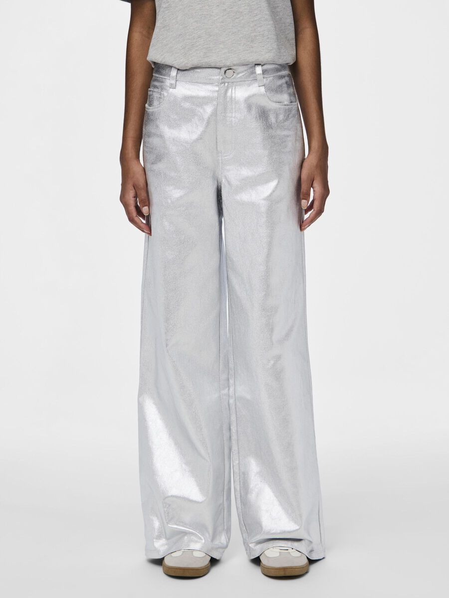 Dessa Women's High Waist Wide Leg Pants - Silver | Comfortable Stretch Palazzo Trousers for Work, Office & Casual Wear