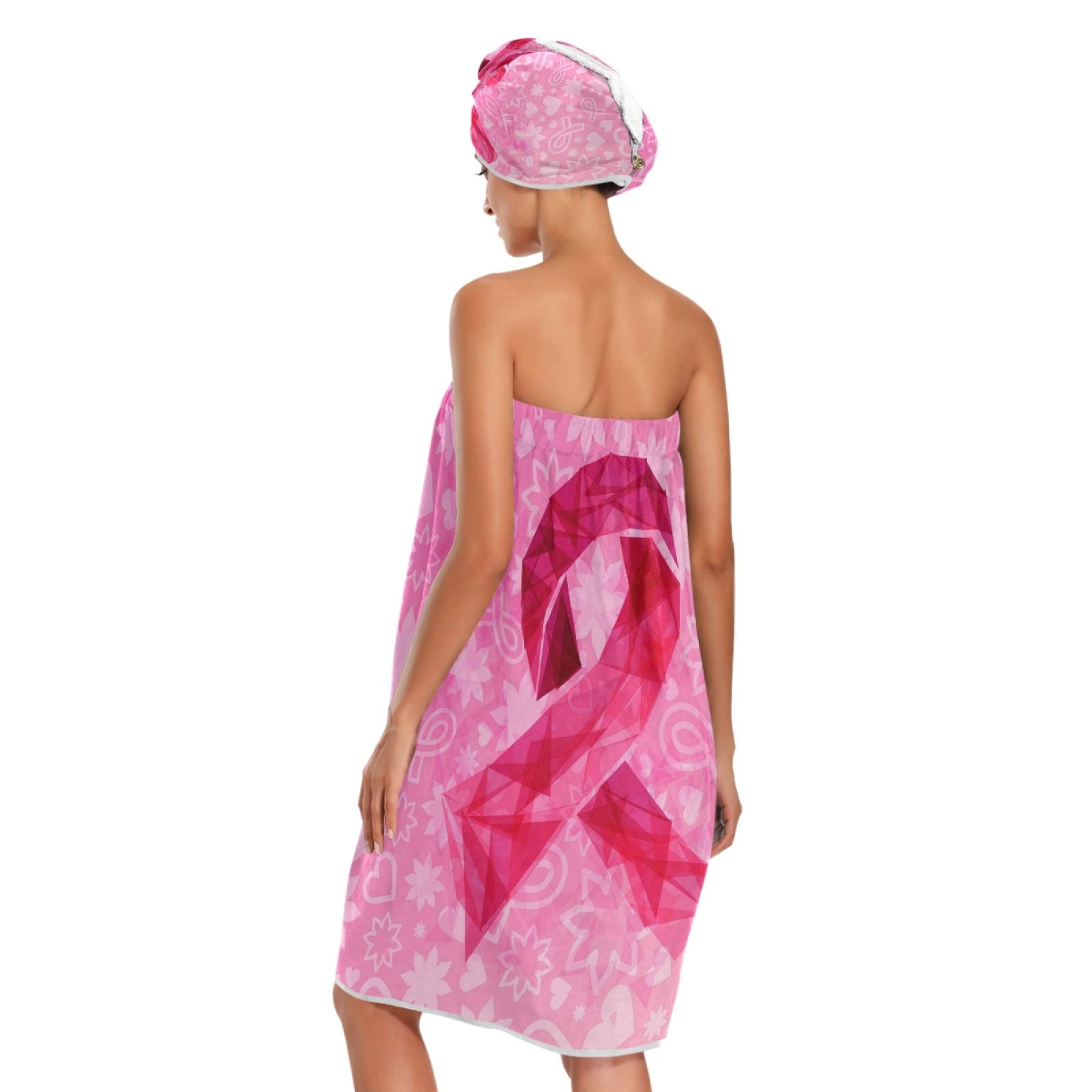 Pink Ribbon Breast Cancer Awareness Women's Spa Bathrobe Set - 3-Piece Absorbent Towel Robe with Adjustable Closure, Headband & Hair Wrap for Shower, Bath & Relaxation at Home