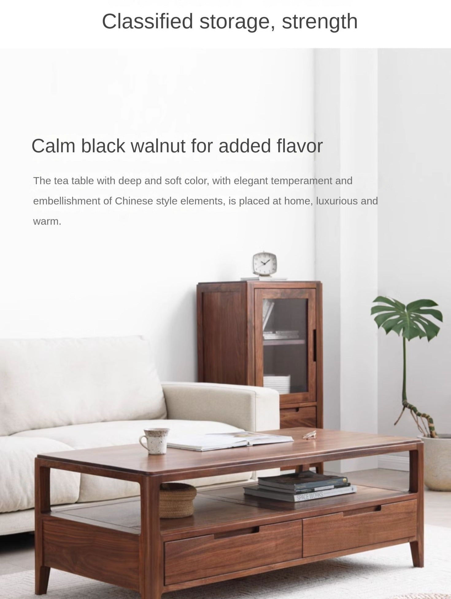 Solid Black Walnut Wood Coffee Table with 4 Drawers - Rustic Modern Living Room Furniture for Home Decor