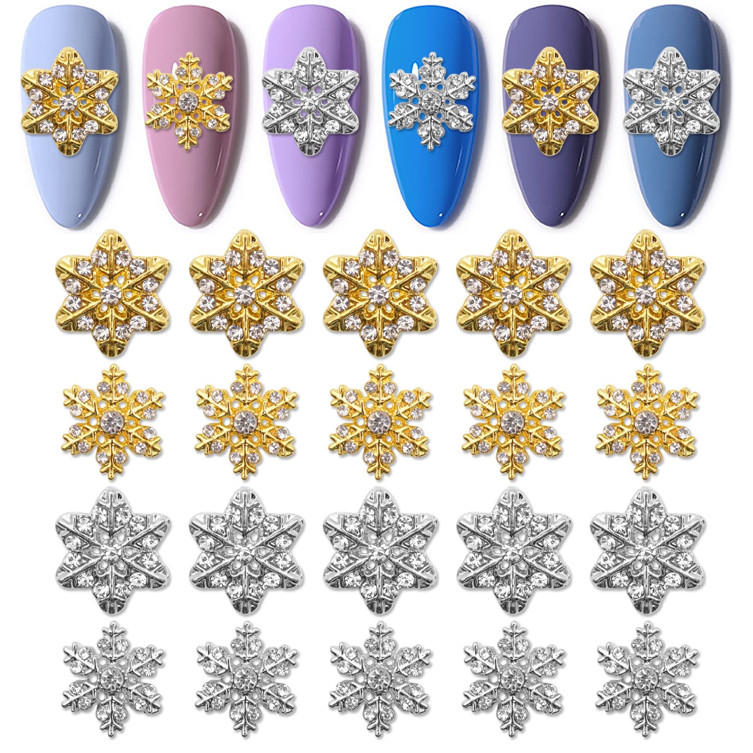 20 Pcs Gold & Silver Snowflake Nail Charms - 3D Winter Nail Art Decorations for Christmas, Luxury Rhinestone Nail Jewelry - Perfect for Holiday Parties & Festive Nail Designs