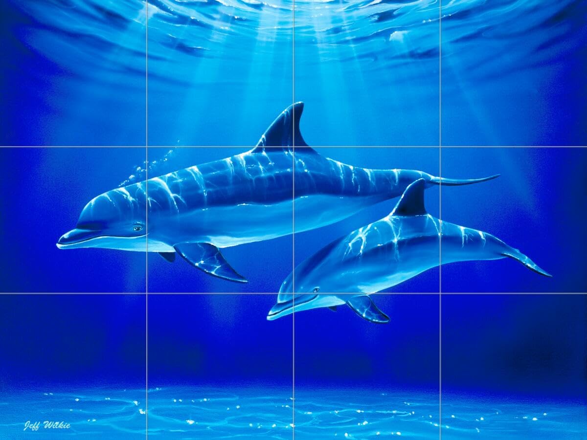 Ceramic Backsplash Tile Mural - Dolphin & Whale Underwater Ocean Fish Design for Kitchen, Bathroom & Shower - Dolphin Dive by Jeff Wilkie - Perfect for Coastal, Beach & Nautical Home Decor