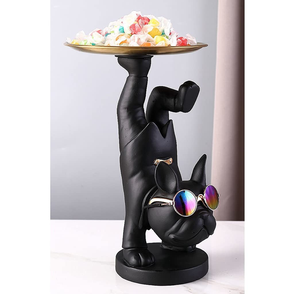Resin Bulldog Key Holder & Storage Tray - Desktop Organizer for Keys, Phone, Wallet, Coins, Jewelry - Cute Dog Figurine Candy Dish - Perfect for Home Office Decor & Halloween Decorations (Black)