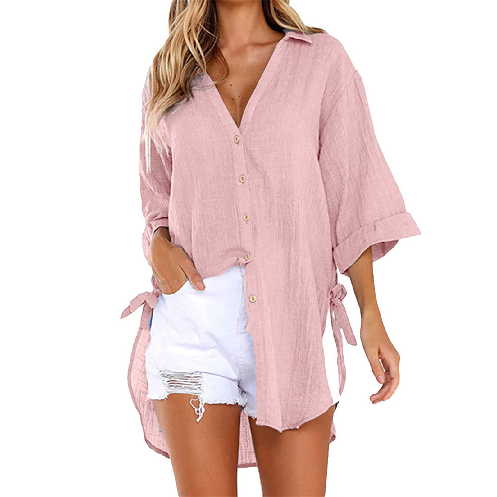 Women's Casual Long Sleeve Button Down Blouse - Loose Fit Cotton Maternity Shirt in Blue | Perfect for Office Wear, Pregnancy Comfort & Everyday Outfits