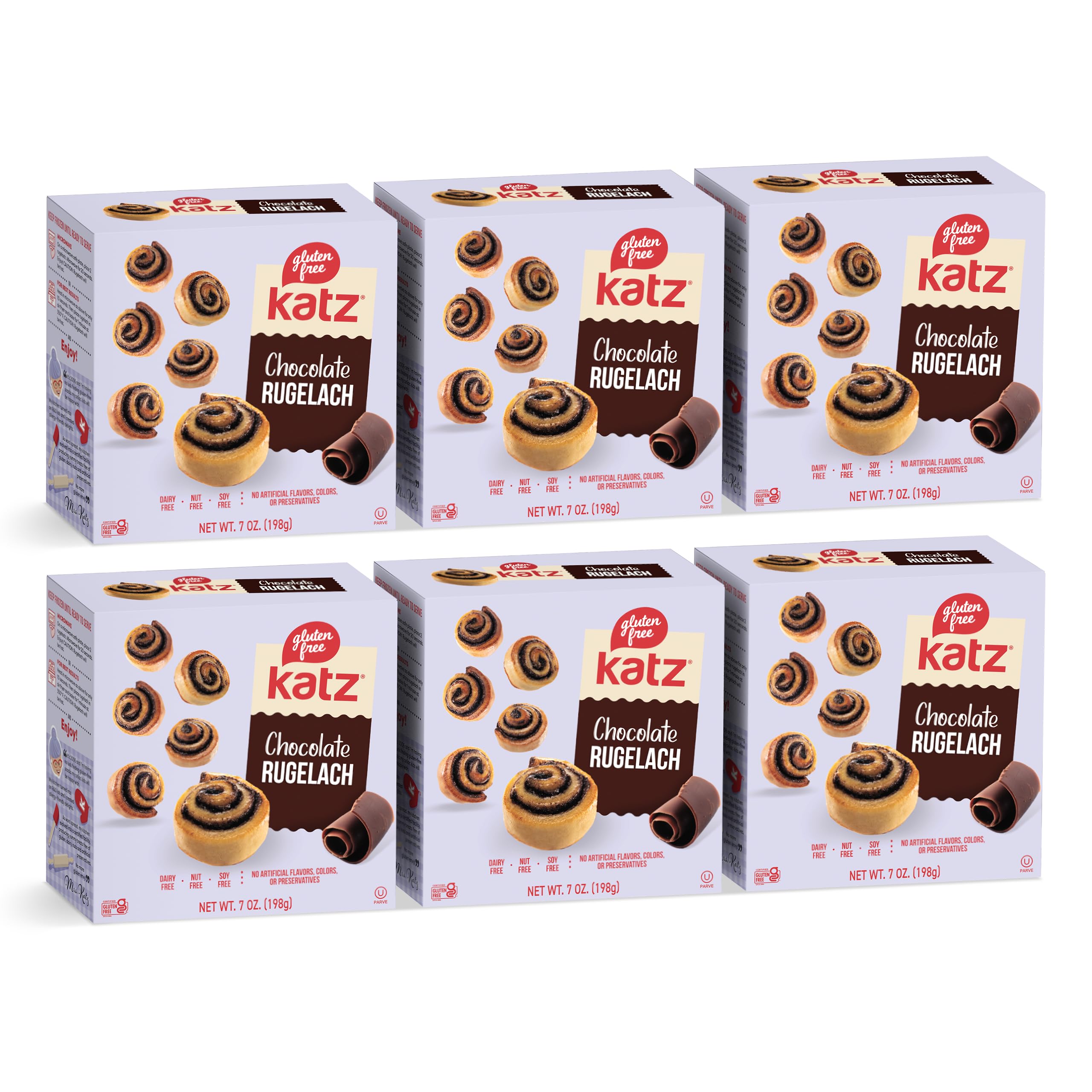 Katz Gluten Free Chocolate Rugelach - Dairy Free, Nut Free, Soy Free, Kosher Certified (6 Packs of 8 Rugelach, 7 Oz Each) | Perfect for Holiday Gifts, Party Desserts & Celiac-Friendly Treats
