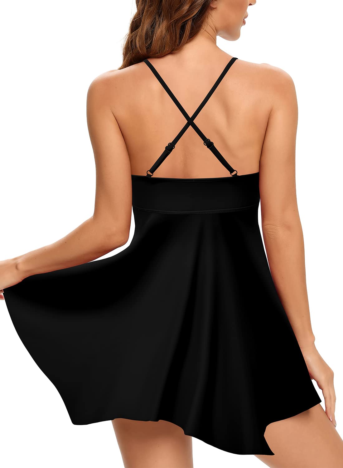 SHEKINI Women's Ring Front Cutout Tankini Top with Skirt Swimsuit - Tummy Control Swimdress for Beach, Pool & Vacation | High Waisted Bikini Set for Summer Swimwear
