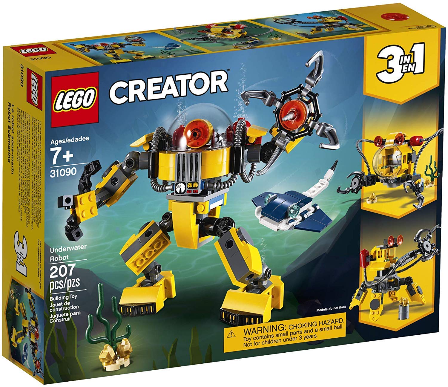 LEGO Creator 3-in-1 Underwater Robot Building Kit (31090) - 207 Pieces STEM Toy for Kids Ages 7+ | Build Robot, Submarine & Sea Creature | Creative Play & Ocean Exploration