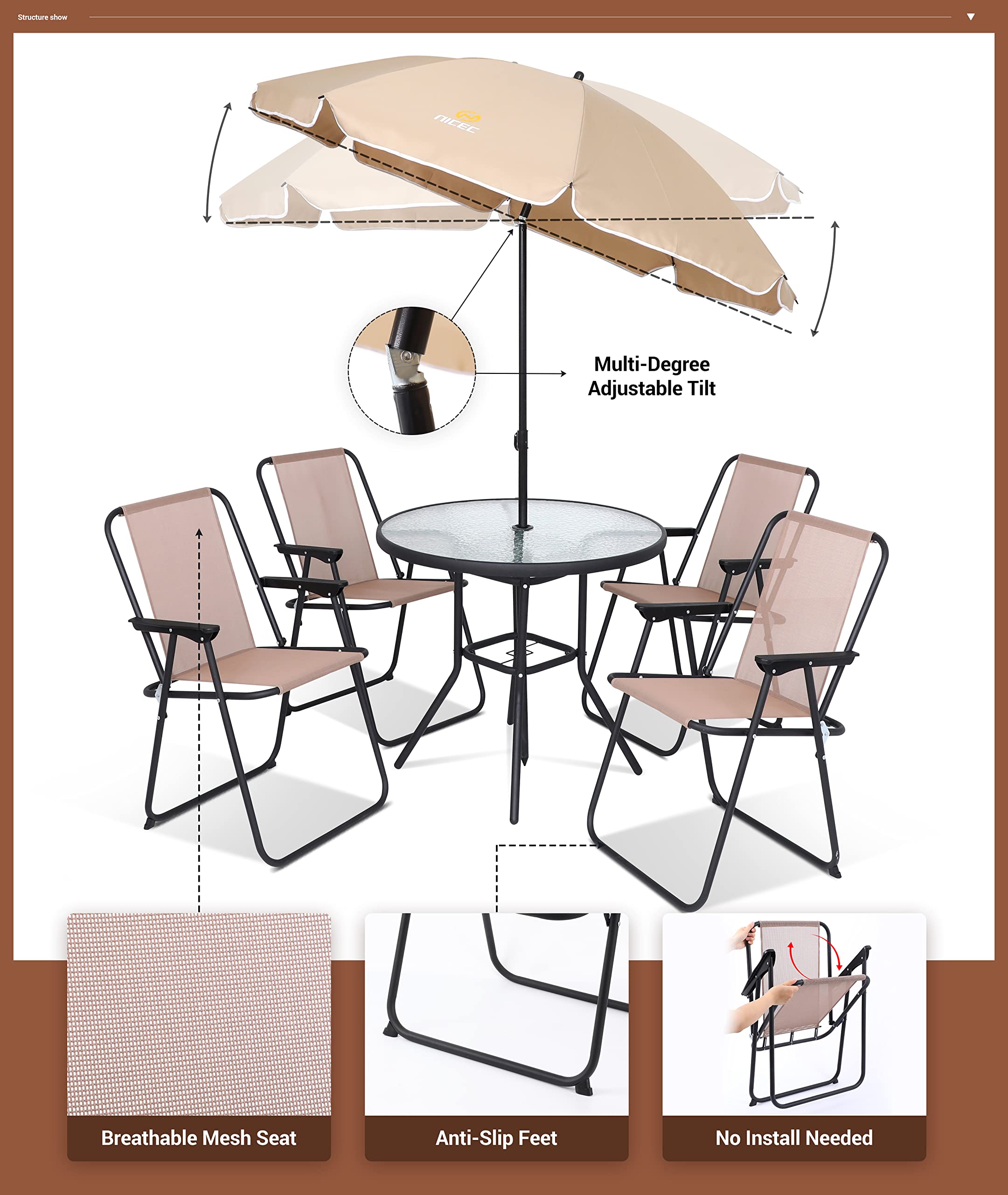 **Premium 6-Piece Outdoor Dining Set - Beige Patio Furniture with Tilted Removable Umbrella, Tempered Glass Table & 4 Foldable Chairs - Perfect for Backyard BBQs, Poolside Gatherings & Garden Parties**