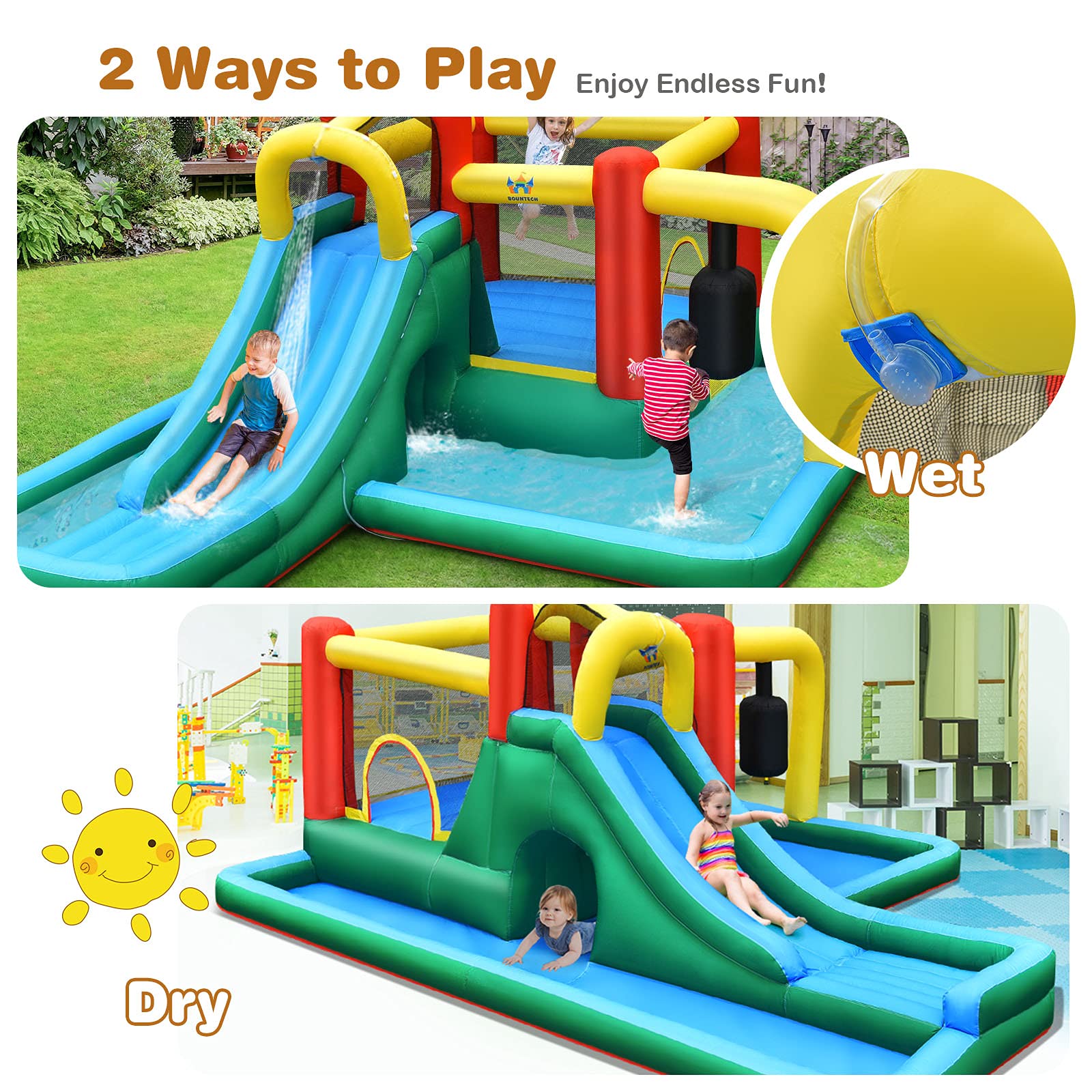 BOUNTECH Inflatable Water Slide & Bounce House Combo - 750W GFCI Blower Included | Wet & Dry Outdoor Play for Kids & Adults | Perfect for Backyard Parties, Summer Fun & Birthday Gifts