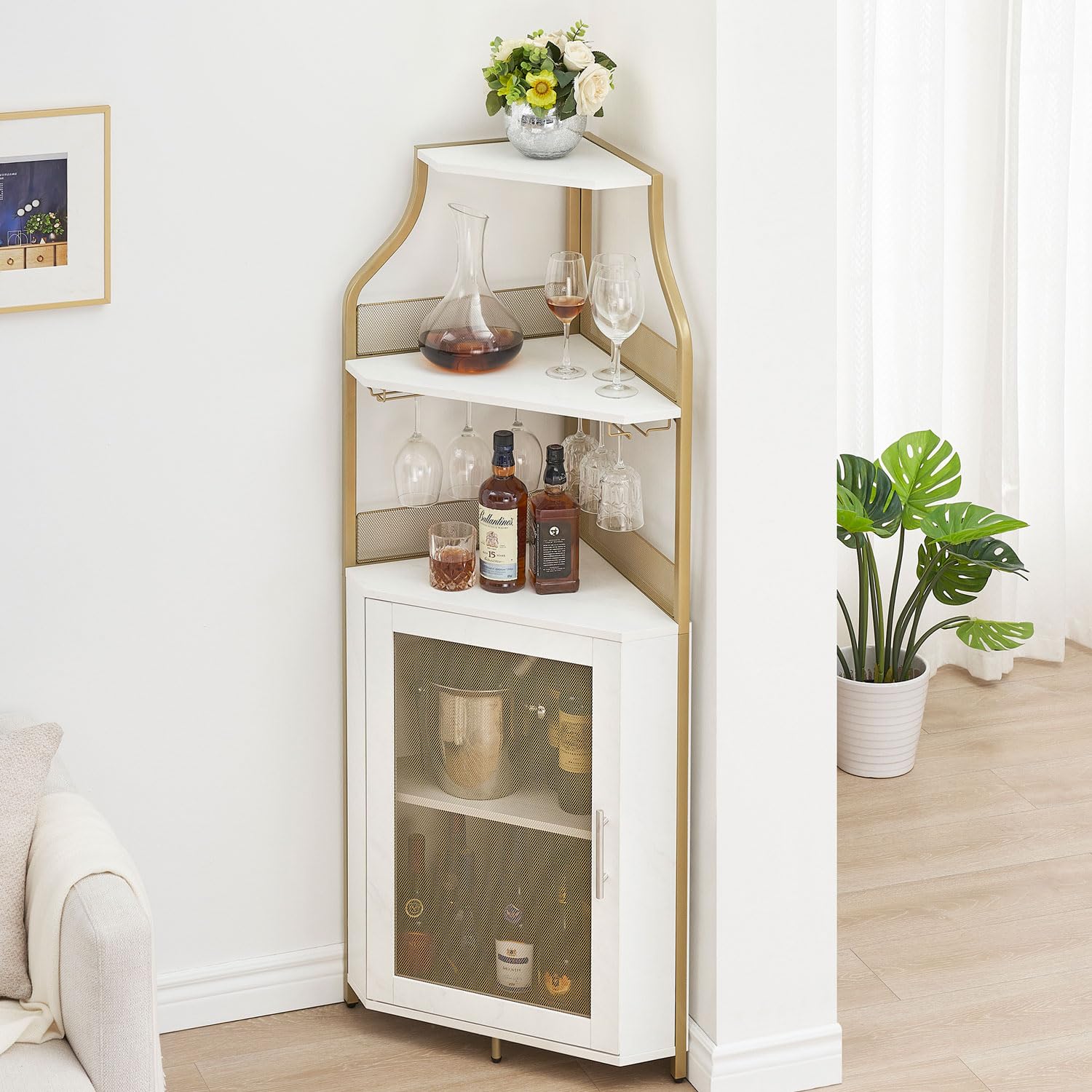 Premium Corner Wine Bar Cabinet - Large Storage Space, Removable Wine Rack & Glass Holder, 4-Tier Liquor Cabinet with Mesh Door - Gold Finish | Perfect for Home Bars, Kitchen Storage & Entertaining Guests
