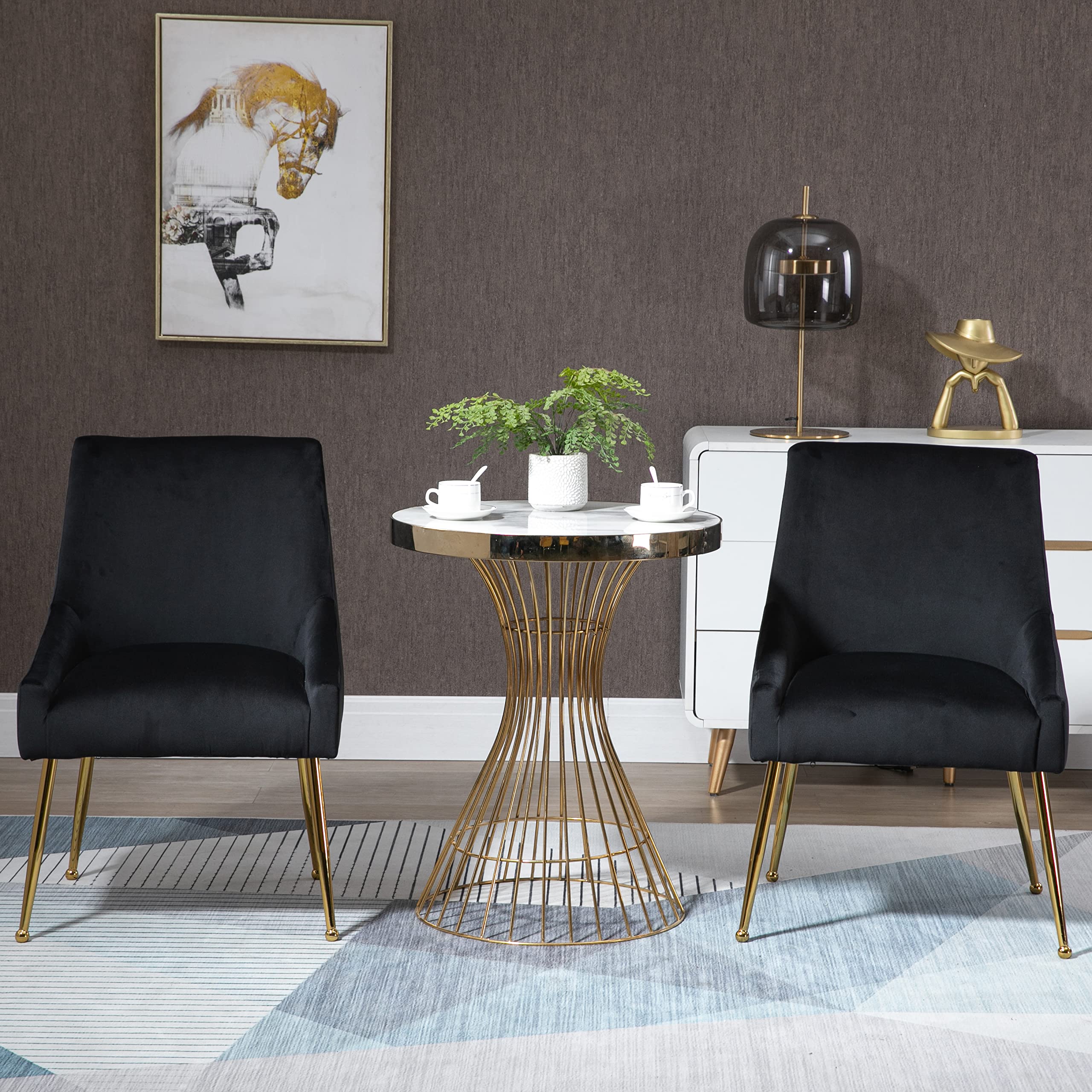 Luxury Velvet Upholstered Dining Chairs Set of 2 - Mid Century Modern Kitchen Chairs with Brass Legs for Dining Room & Living Room - Elegant Black Velvet Fabric Cover - Perfect for Home Decor, Restaurant, and Office Use