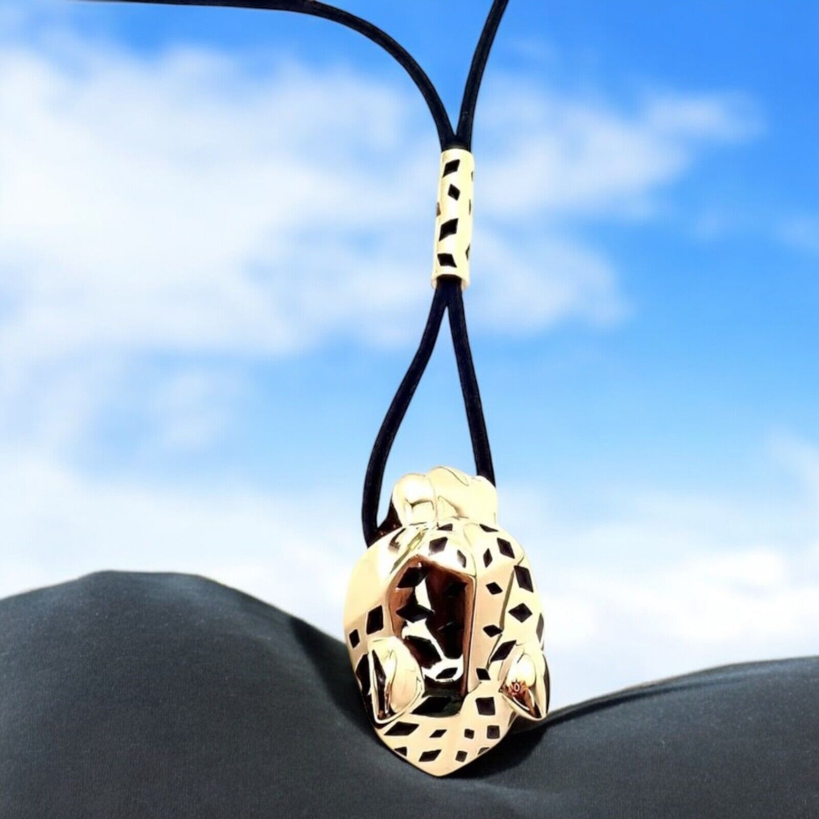Authentic Cartier Panther Panthere 18k Yellow Gold Peridot Lacquer Cord Necklace for Women - Luxury Jewelry Gift for Birthday, Anniversary & Special Occasions