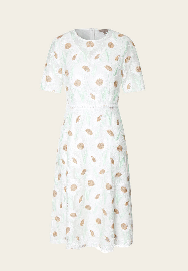Chamomile Floral Lace Short Sleeve Summer Dress for Women - Elegant Boho Style for Beach, Wedding & Casual Outings