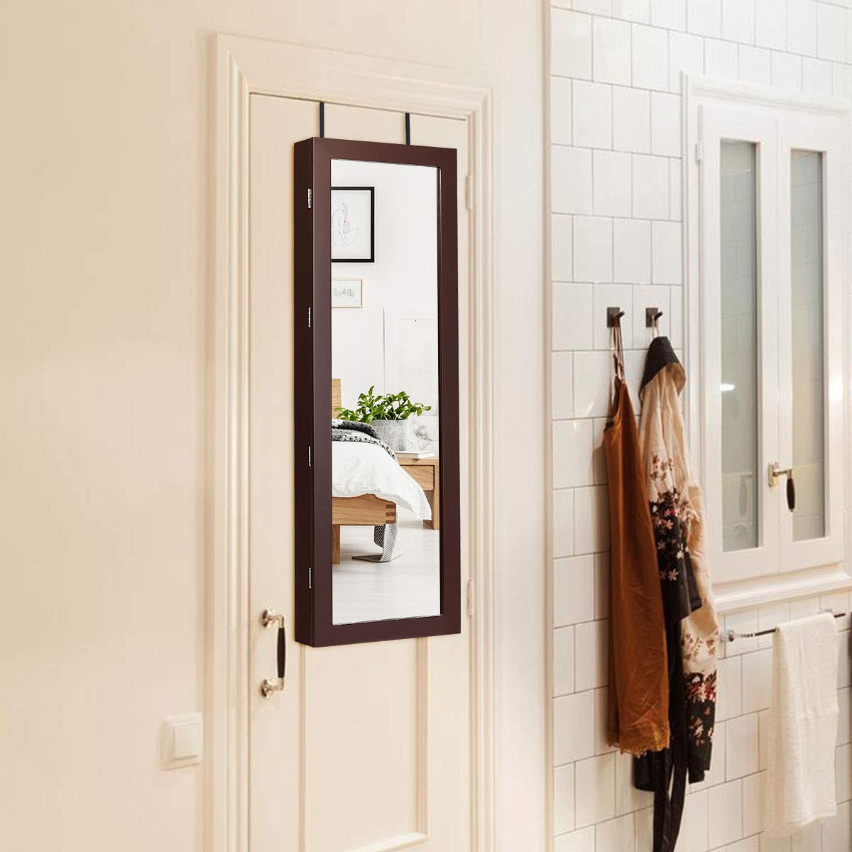 MAT EXPERT Wall/Door Mounted Jewelry Armoire with LED Lights - Lockable Jewelry Cabinet, Full-Length Mirror & Drawers - Jewelry Organizer for Necklaces, Rings & Makeup (Brown) - Perfect for Bedroom, Closet & Dressing Room Storage