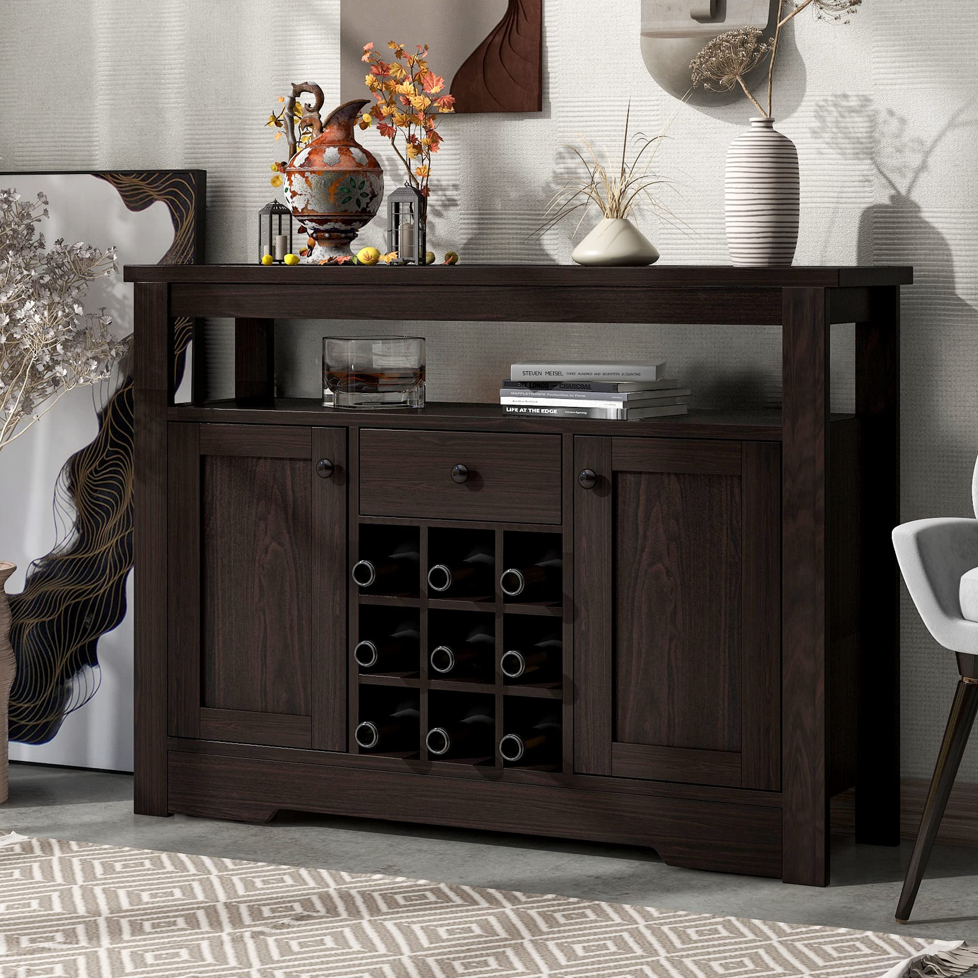 Modern Wood Accent Buffet Sideboard with Double-Tier Tabletop & 9-Bottle Wine Storage Cabinet - Espresso Finish for Entryway, Kitchen, Dining Room & Living Room Decor