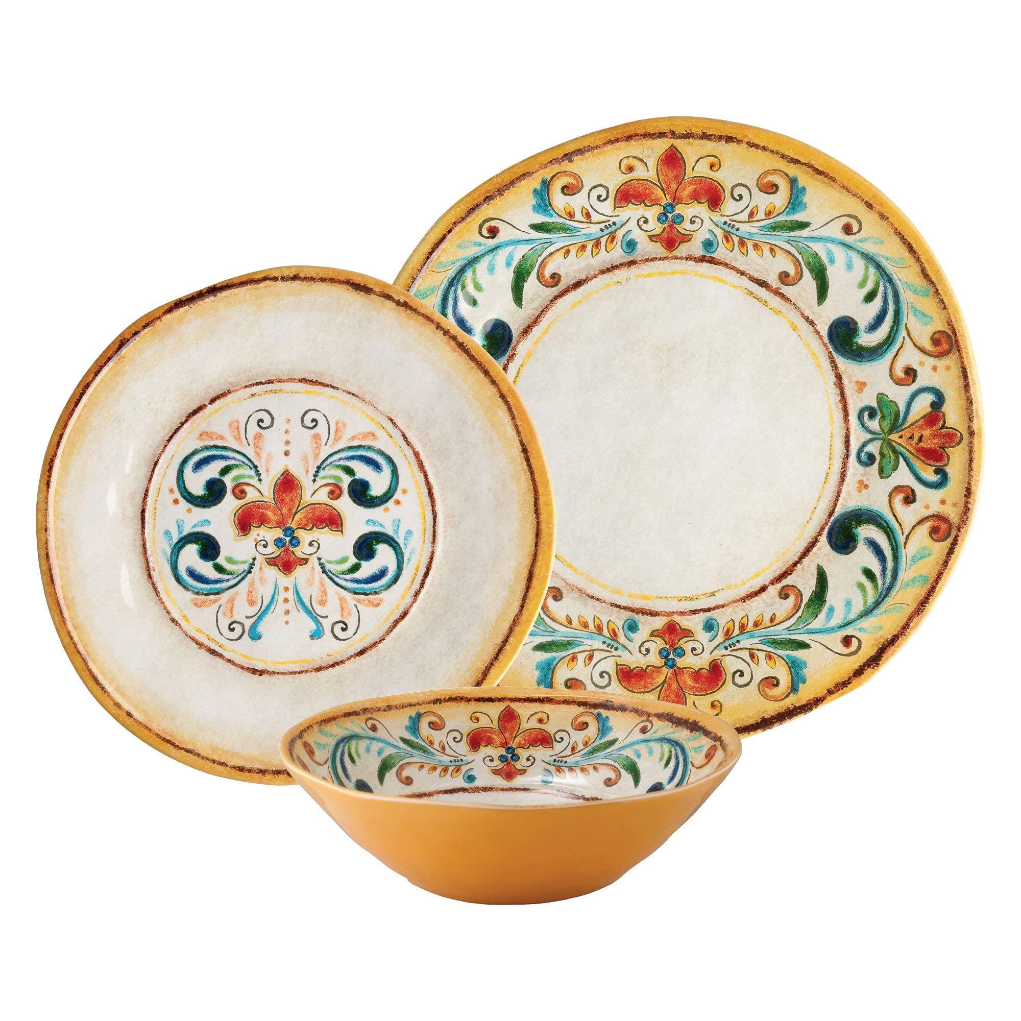 UPware 12-Piece Melamine Dinnerware Set - 4 Dinner Plates, 4 Salad Plates, 4 Bowls, Shatterproof & Lightweight, Service for 4 (Tuscany Design) - Perfect for Outdoor Dining, Picnics, Camping & Everyday Use