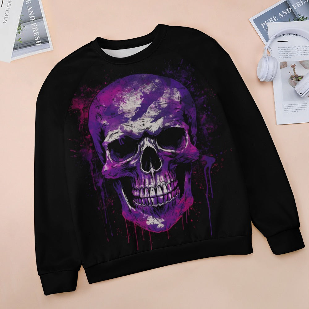 Trendy Purple Dripping Skull Graphic Raglan Round Neck Sweater for Men & Women | Gothic Streetwear Fashion | Perfect for Halloween, Concerts & Casual Outfits