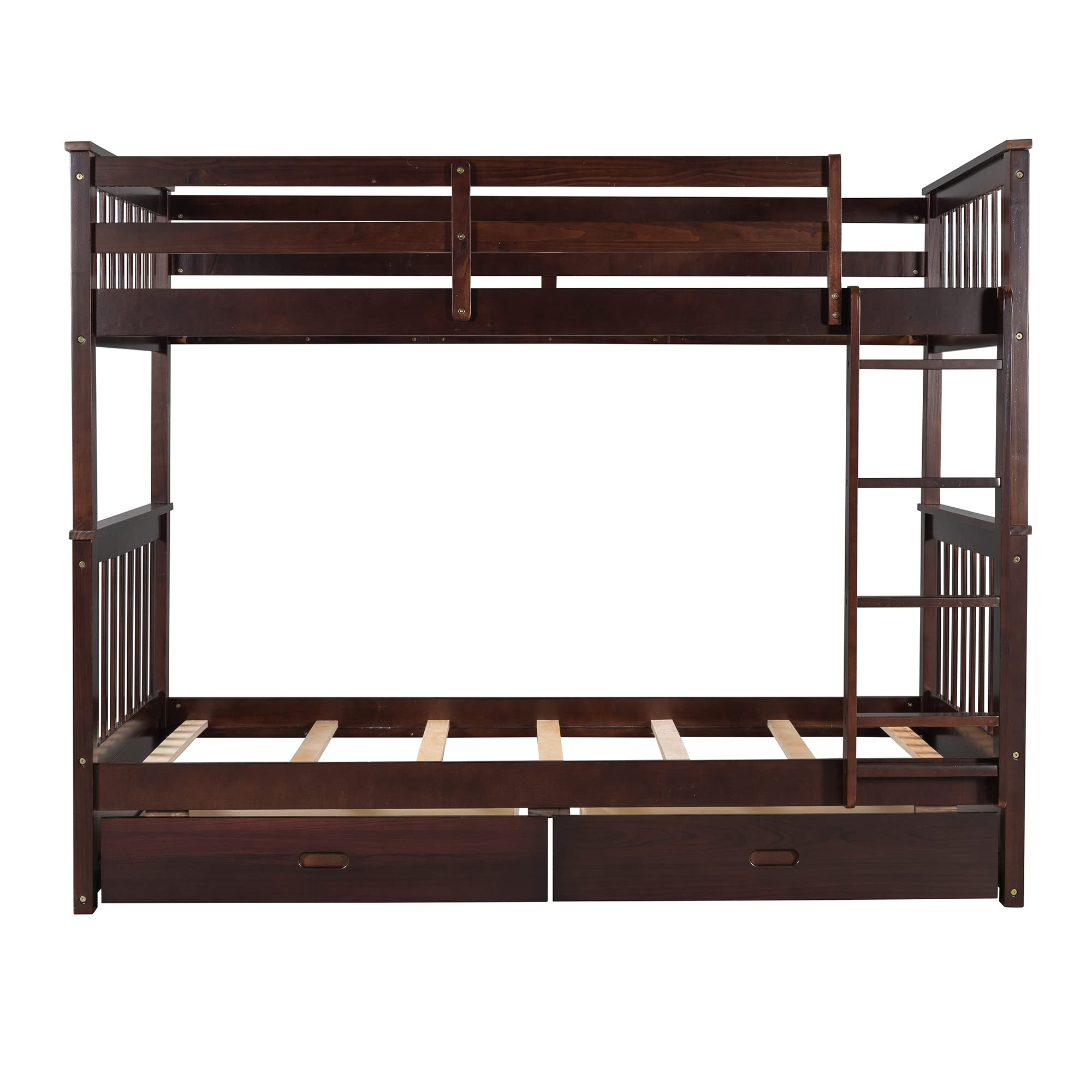 Merax Twin Over Twin Bunk Bed Frame with 2 Storage Drawers & Safety Guard Rails - No Box Spring Required - Espresso Finish - Perfect for Kids' Bedrooms, Dorm Rooms & Space-Saving Home Furniture
