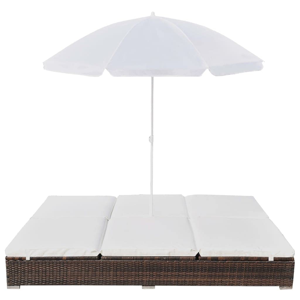 Brown Poly Rattan Adjustable Reclining Patio Lounge Bed with Umbrella - Perfect for Outdoor Relaxation in Garden, Beach, Poolside, Lawn, and Sunbathing Areas