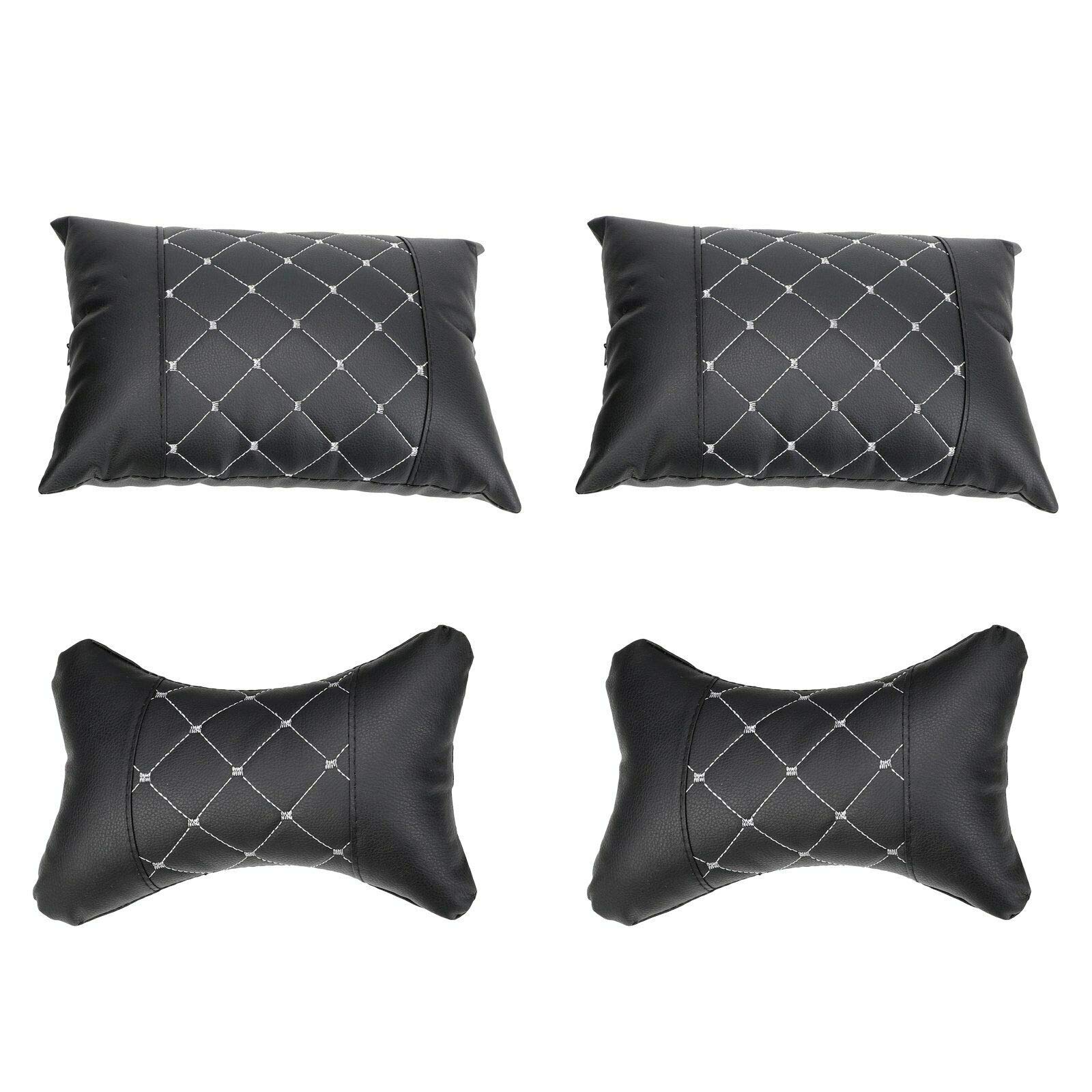 Premium Universal PU Leather Car Seat Cover Full Set - 5-Seat Front & Rear Cushions with Pillows for SUV, Truck, Van | All-Weather Protection & Comfort (Black/White Line) | Perfect for Daily Commute, Road Trips & Family Travel