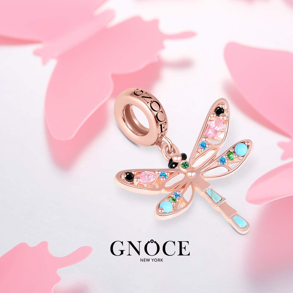 GNOCE Dragonfly Charm Pendant - Sterling Silver 18k Rose Gold Plated Dangle Charm with Turquoise for Women's Bracelet & Necklace | Perfect for Everyday Wear, Gift Giving & Special Occasions
