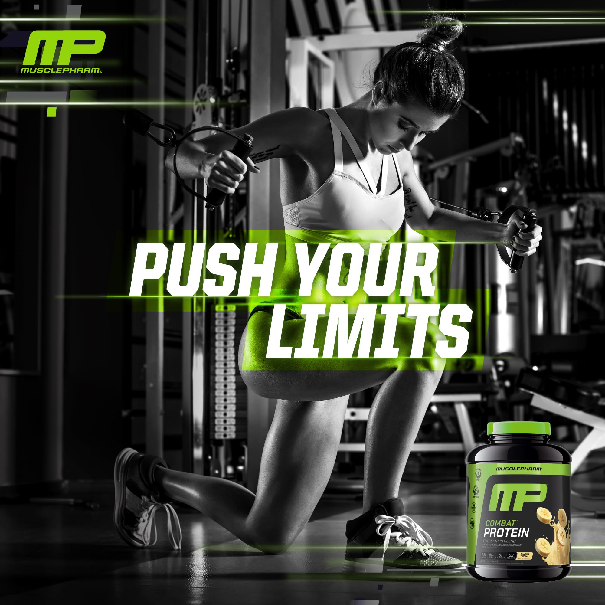 MusclePharm Combat Protein Powder - Banana Cream Flavor, 5 Protein Sources (Whey Isolate & Egg Albumin), Gluten Free, 4lb (52 Servings) - Post Workout Recovery & Muscle Growth Supplement for Athletes & Fitness Enthusiasts