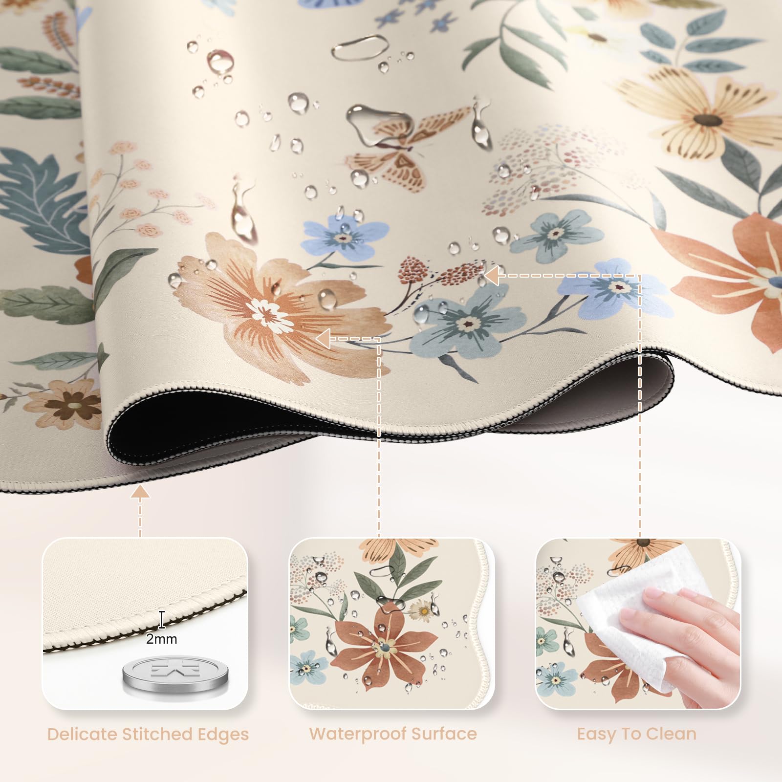 HAOCOO Non-Slip Floral Desk Mat with Edge Stitching - Large Washable Mouse Pad for Keyboard & Mouse, Office Aesthetics & Gaming - Perfect for Home Office, Workstation & Computer Desk (Beige)