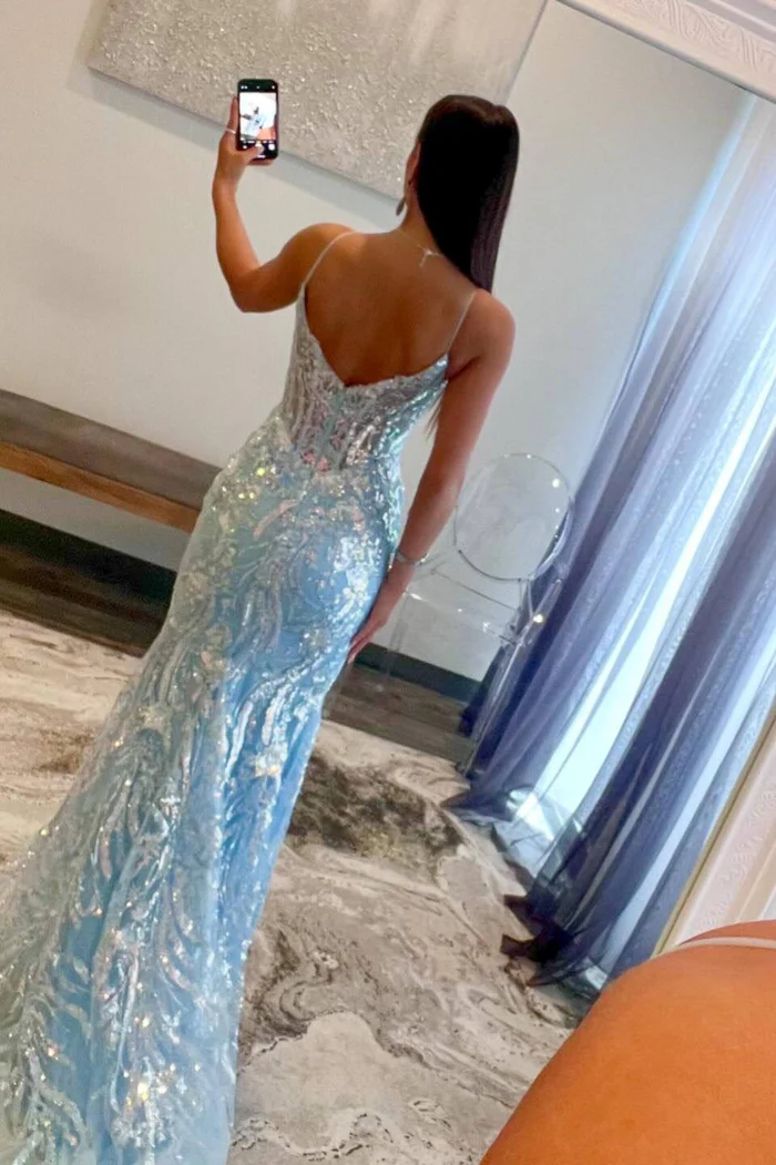 Light Blue V-Neck Sequin Appliques Mermaid Prom Dress J4054 - Elegant Evening Gown for Homecoming, Pageants & Special Occasions