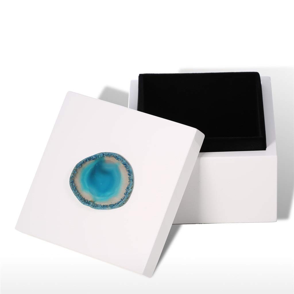 WIONC Blue Agate Wooden Jewelry Box - Rectangular Ring Necklace Storage Organizer with Black Velvet Lining, Small Square Size - Perfect Birthday Gift & Home Decor Accessory for Women