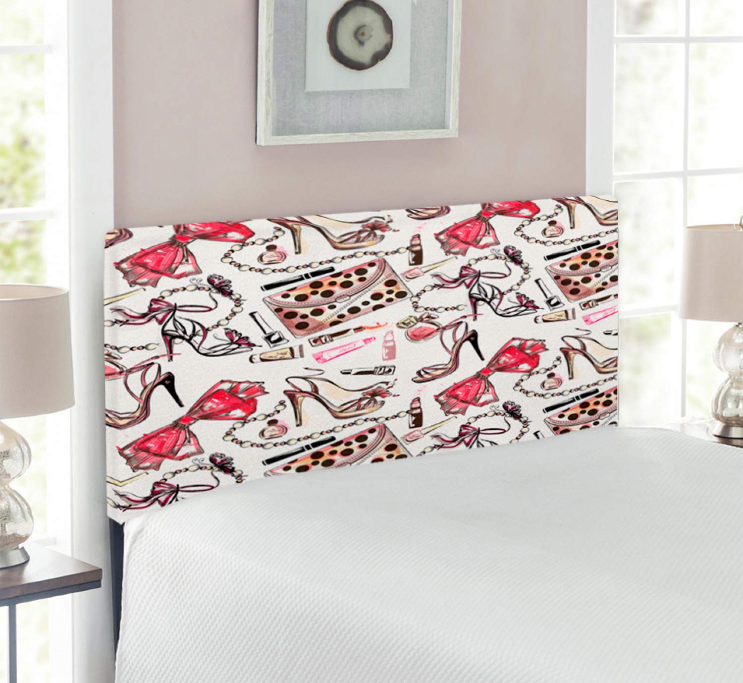 Ambesonne Upholstered Fashion Headboard with Memory Foam - Feminine Shoes & Lipstick Perfume Beauty Pattern - Decorative Metal Bed Headboard for Twin Size Bed - Black Pink Tan - Perfect for Girls' Bedroom, Dorm Room & Home Decor