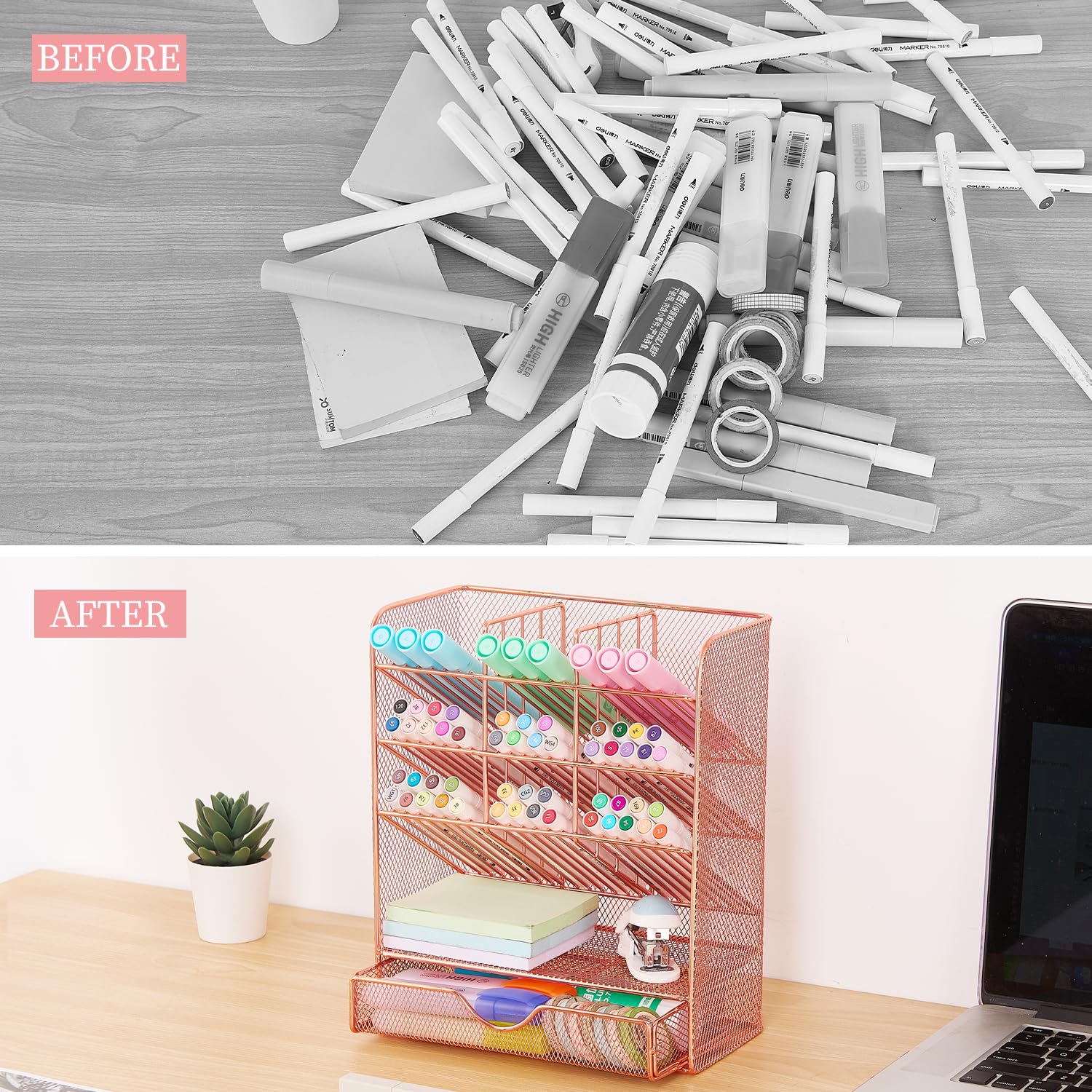 Rose Gold Pen Holder Desk Organizer - 10 Compartments & Drawer for Office & Study